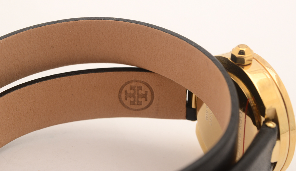 Tory Burch Reva Double Wrap Black Leather Strap Watch