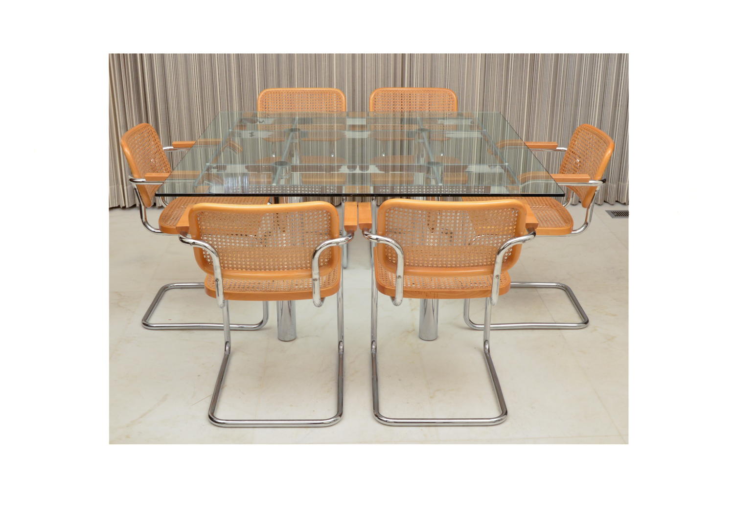 Six Cesca Chairs and Glass Top Dining Table