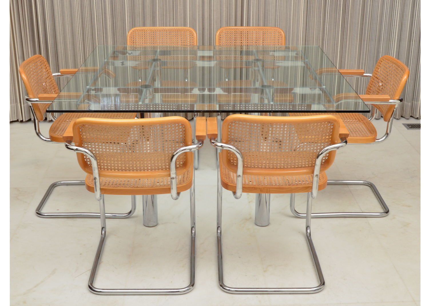 Six Cesca Chairs and Glass Top Dining Table