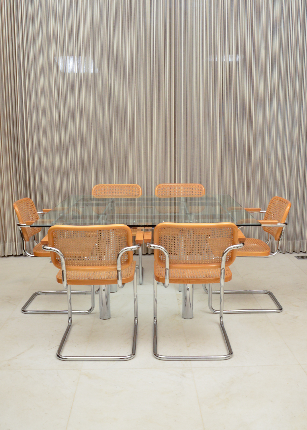 Six Cesca Chairs and Glass Top Dining Table