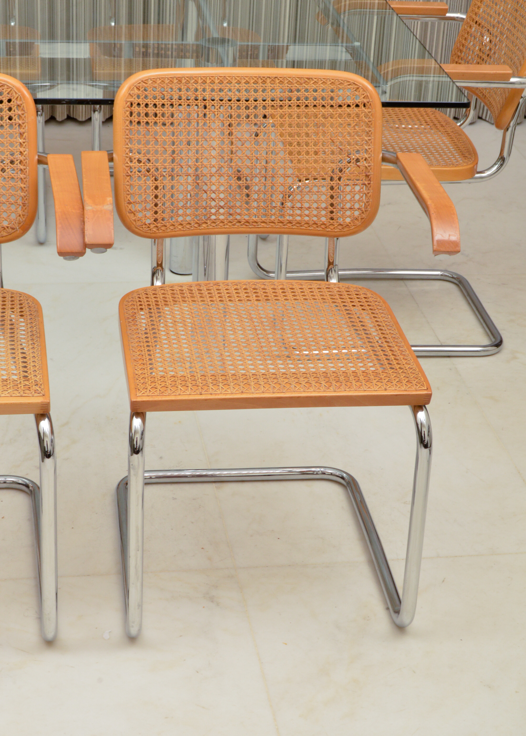 Six Cesca Chairs and Glass Top Dining Table