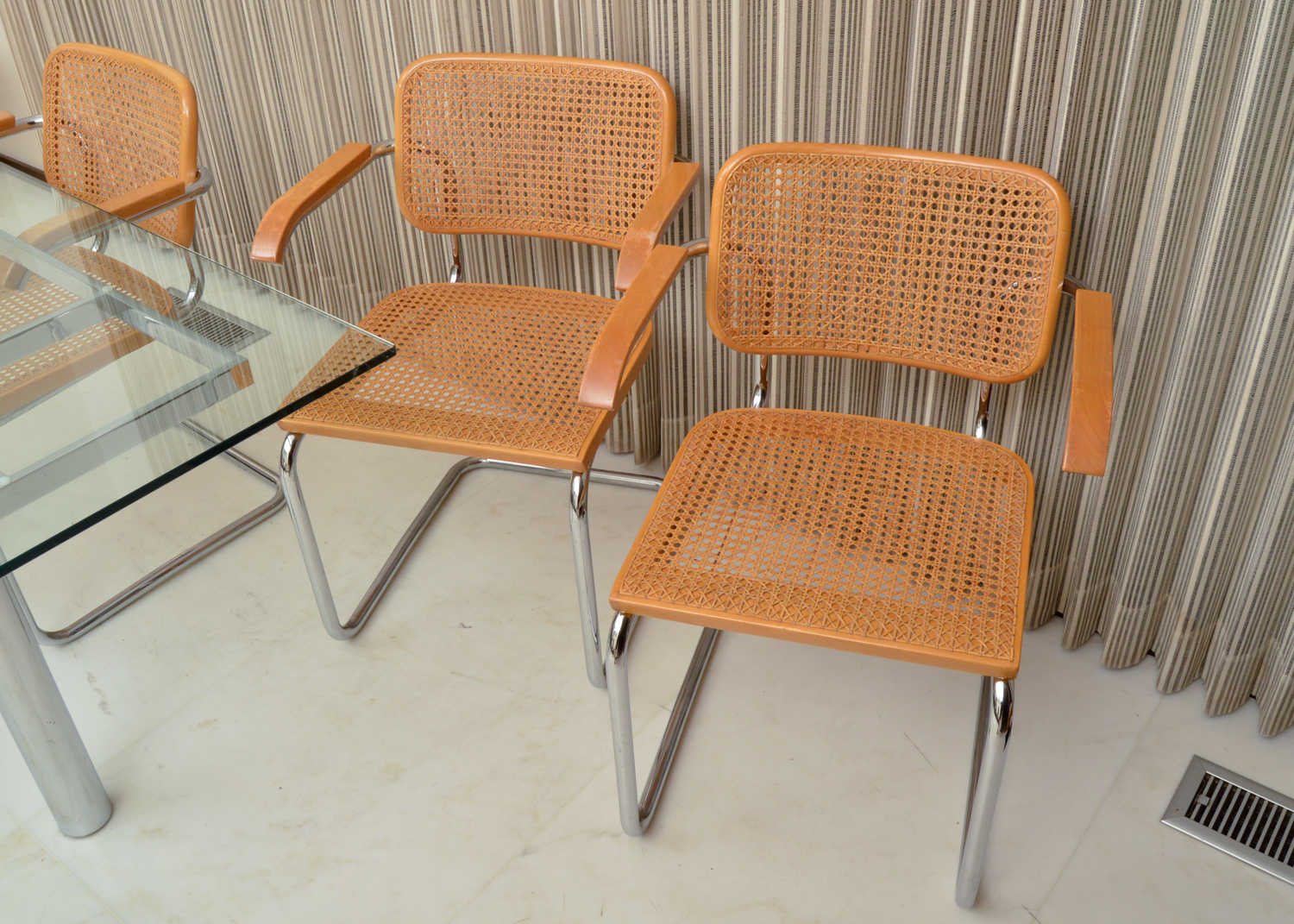 Six Cesca Chairs and Glass Top Dining Table