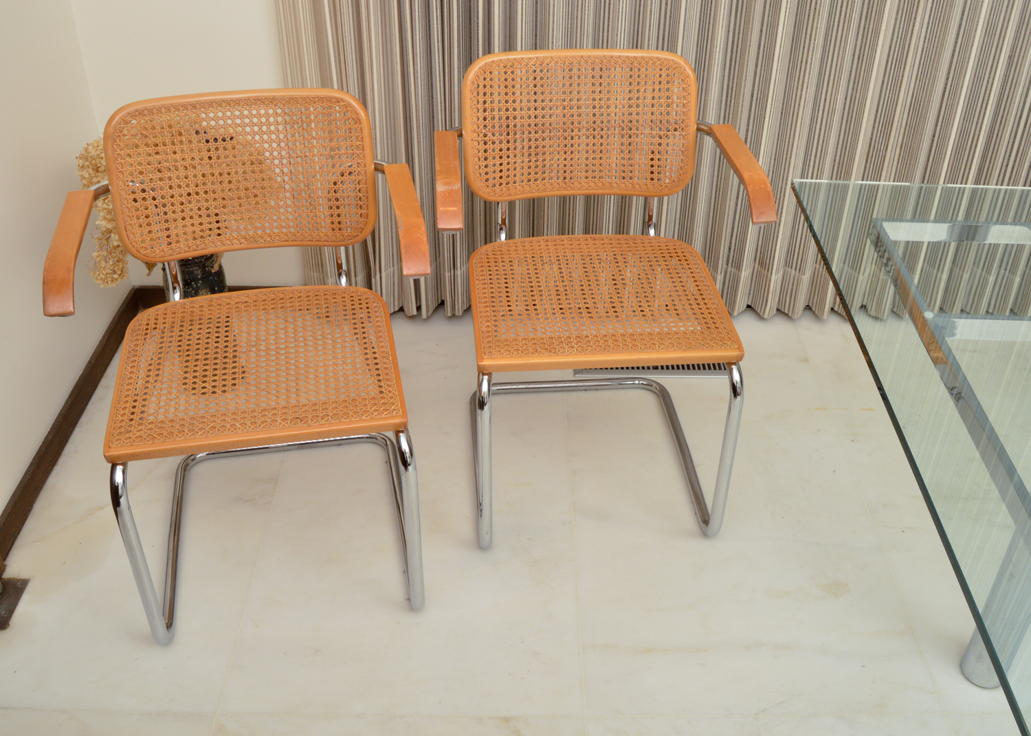 Six Cesca Chairs and Glass Top Dining Table