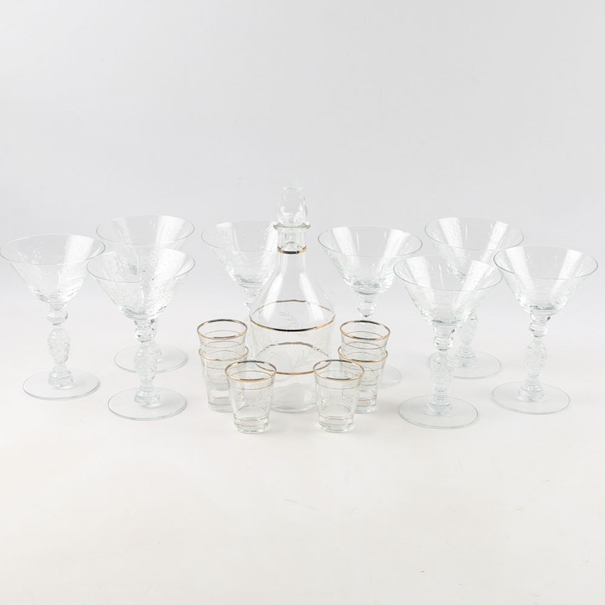 Etched Glass Coupes and Glass Decanter Set