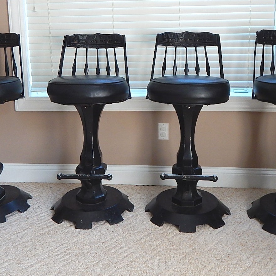 Four Carnival Vintage Black Metal and Leather Swivel Bar Stools