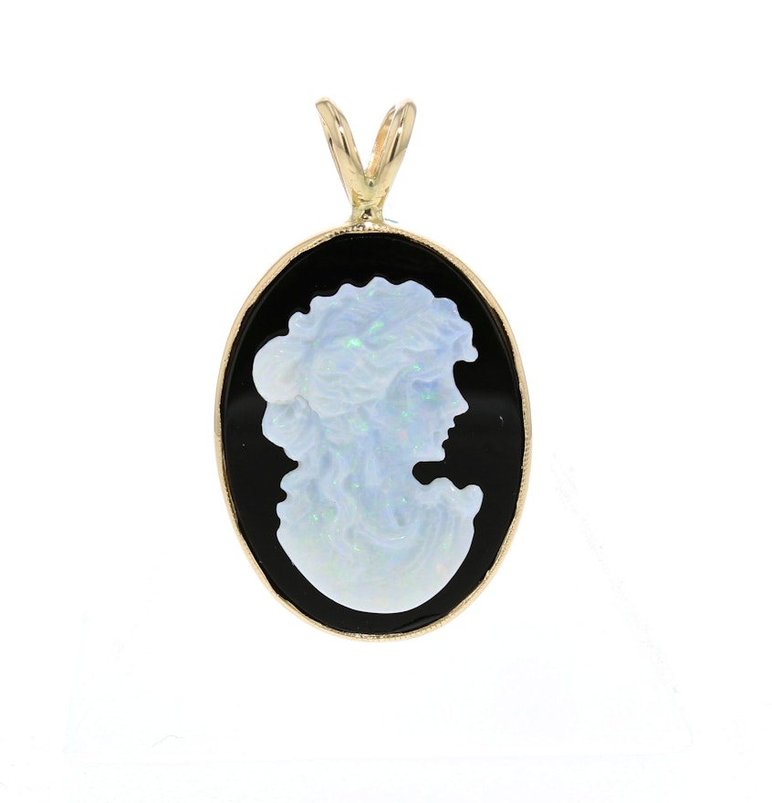 14K Yellow Gold Opal and Black Onyx Cameo Pendant