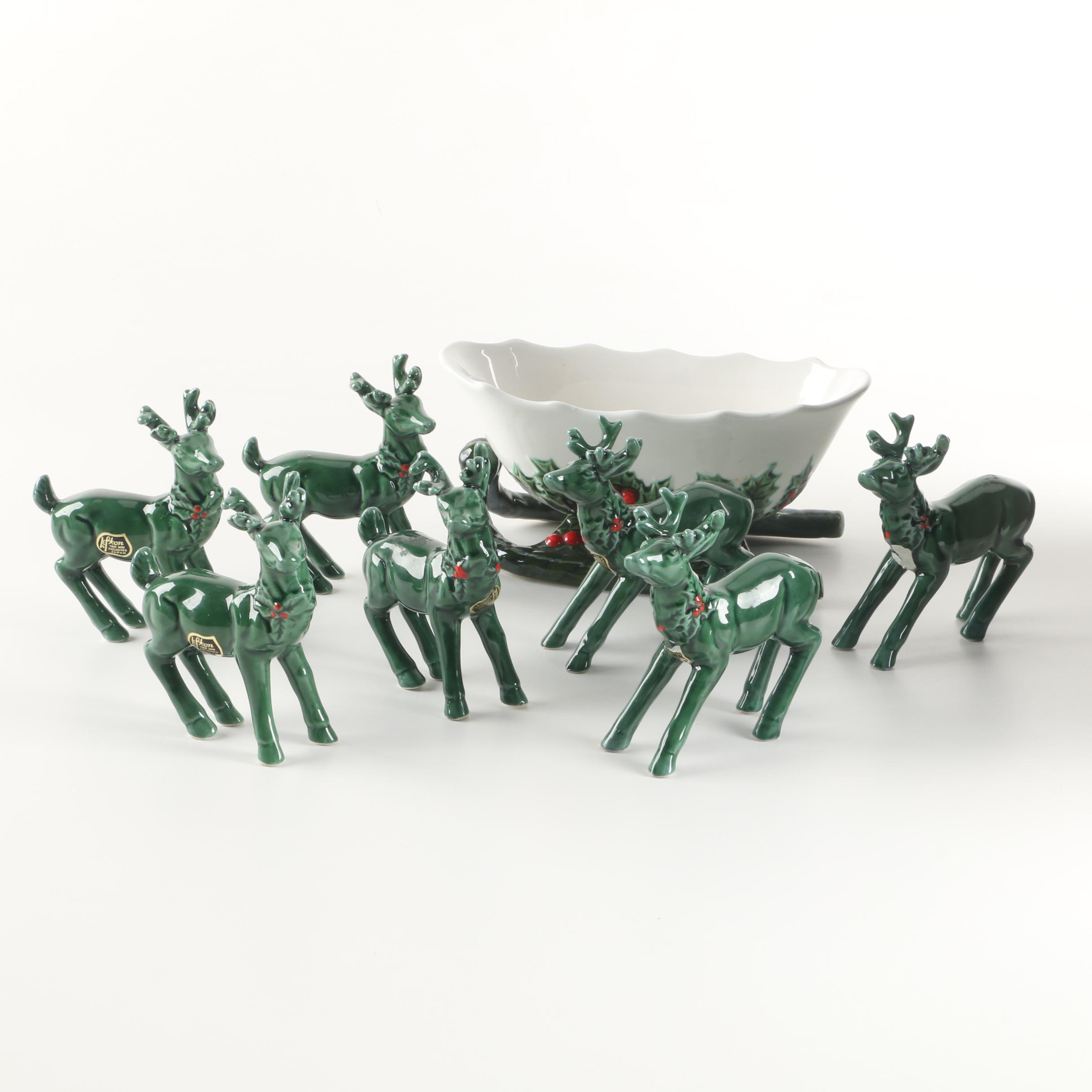 Lefton Ceramic Reindeer and Sleigh