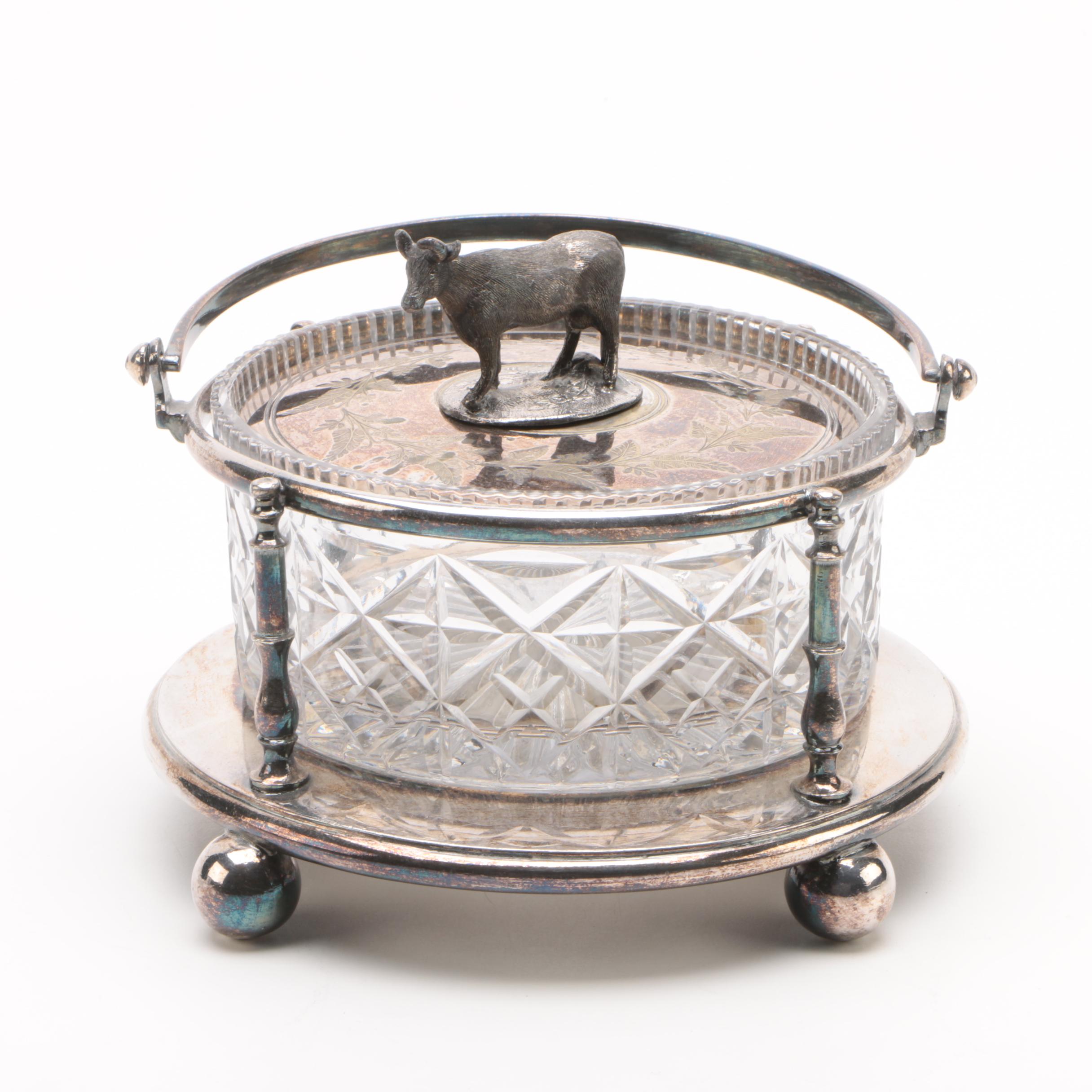 James Deakin & Sons Silver Plate and Crystal Covered Butter Dish with Cow Finial