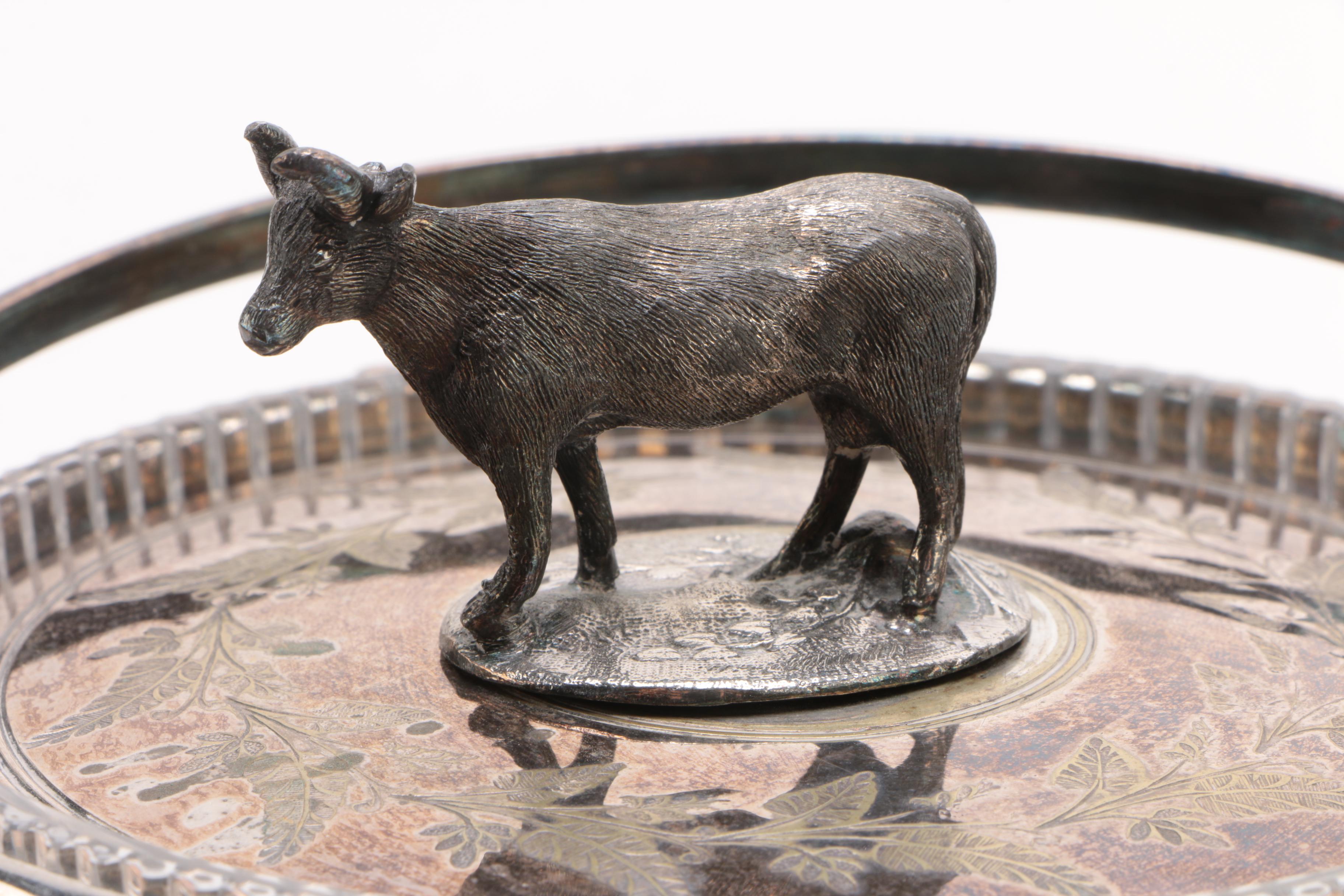 James Deakin & Sons Silver Plate and Crystal Covered Butter Dish with Cow Finial