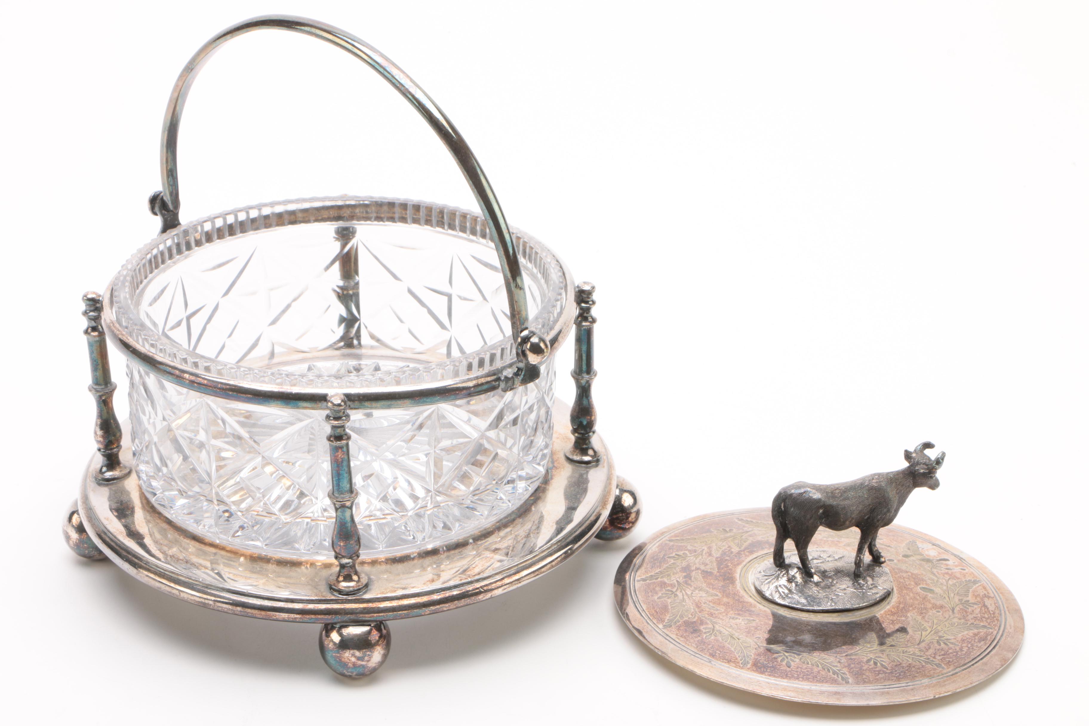 James Deakin & Sons Silver Plate and Crystal Covered Butter Dish with Cow Finial