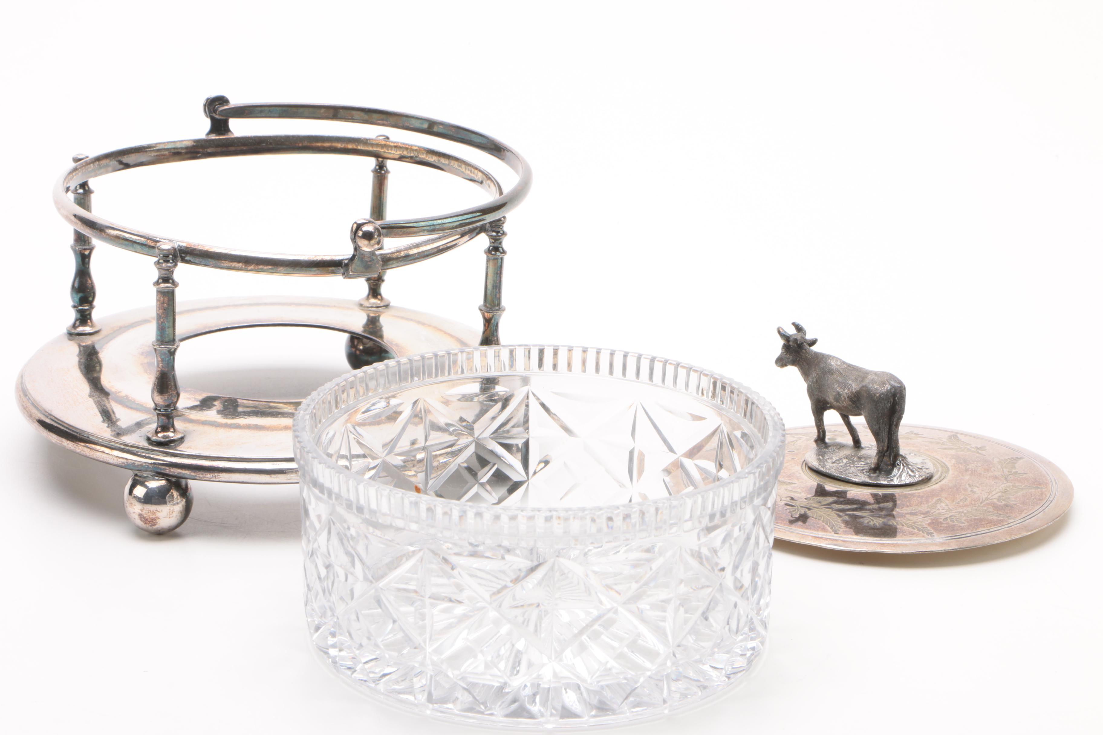 James Deakin & Sons Silver Plate and Crystal Covered Butter Dish with Cow Finial