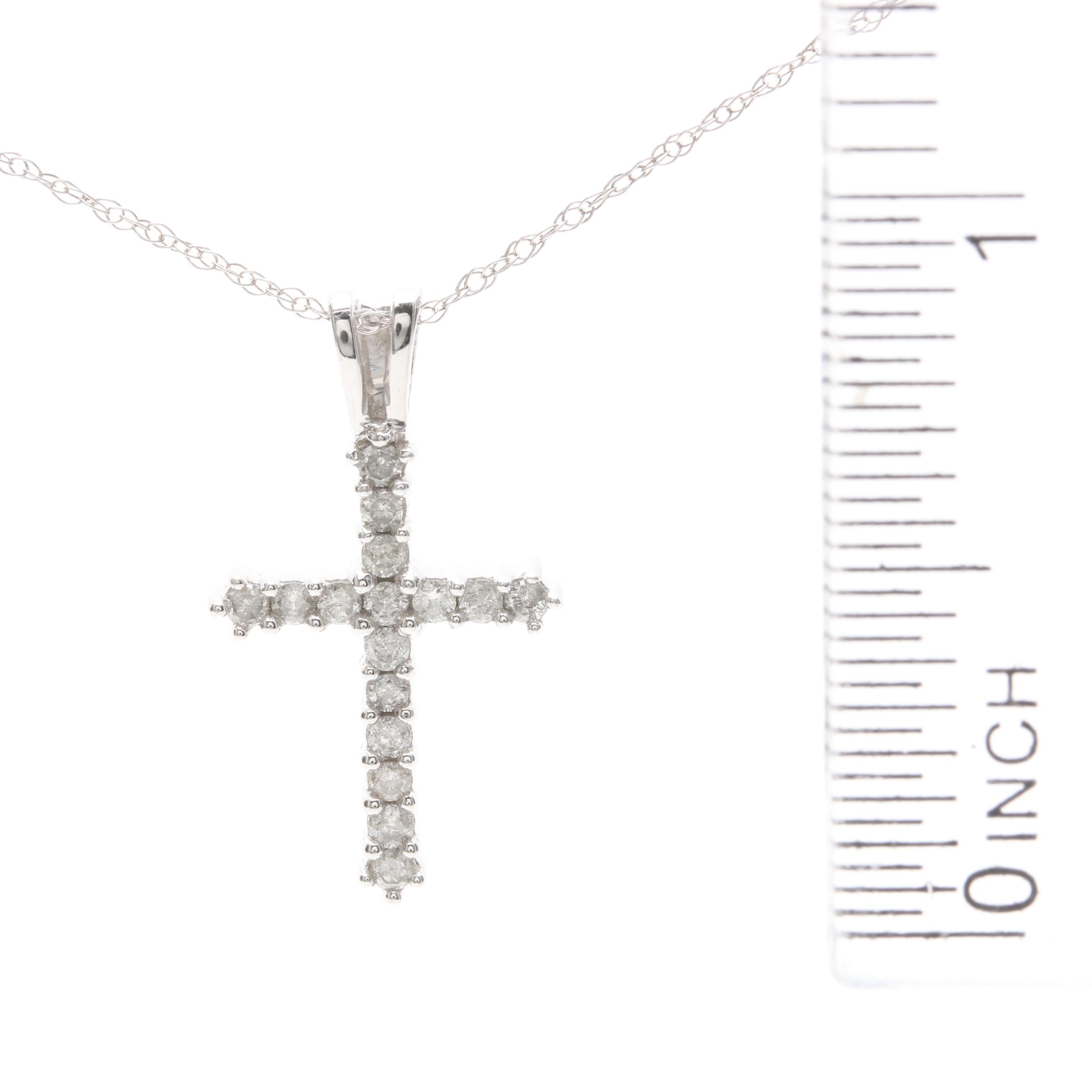 10K White Gold Diamond Cross Pendant Necklace