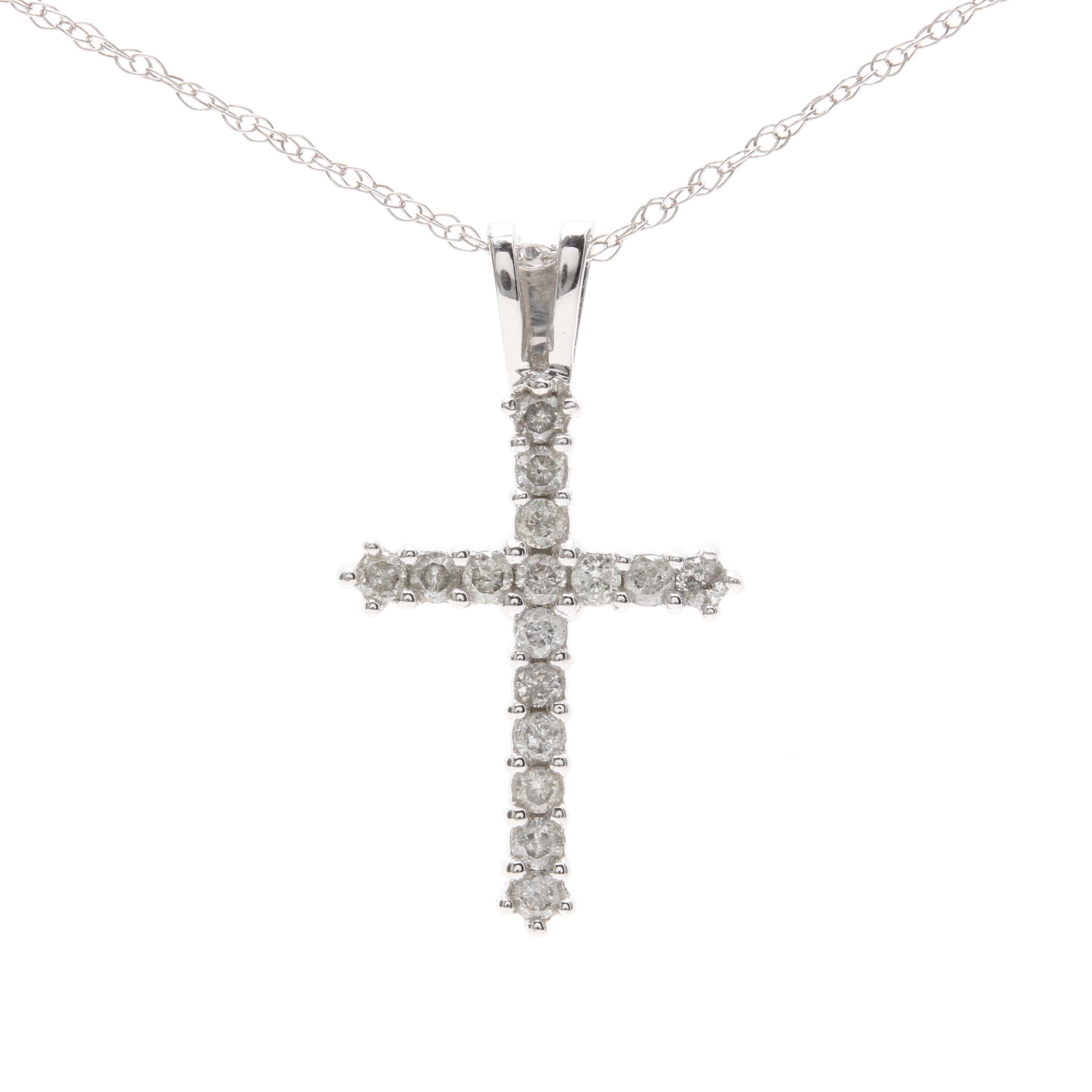 10K White Gold Diamond Cross Pendant Necklace