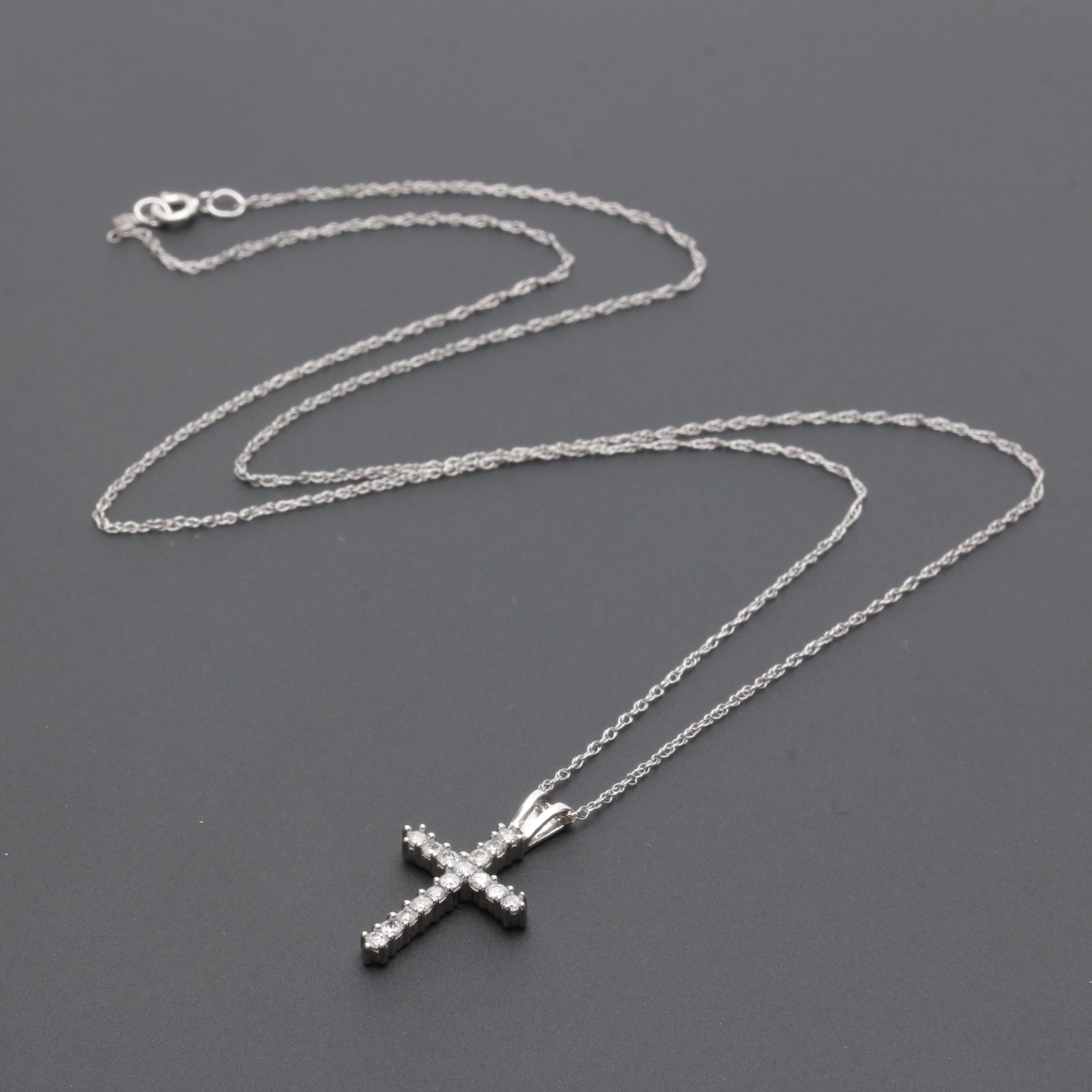 10K White Gold Diamond Cross Pendant Necklace