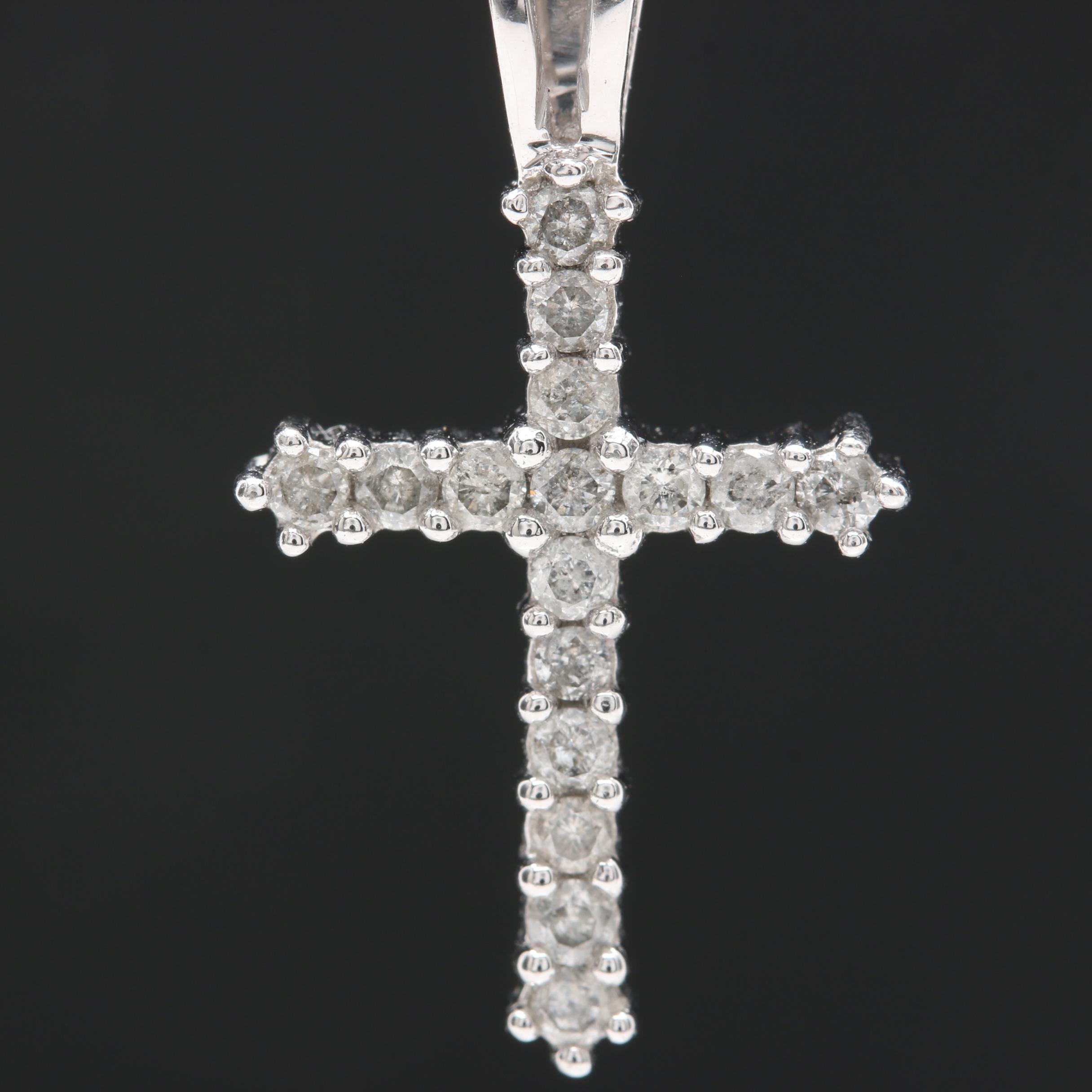 10K White Gold Diamond Cross Pendant Necklace