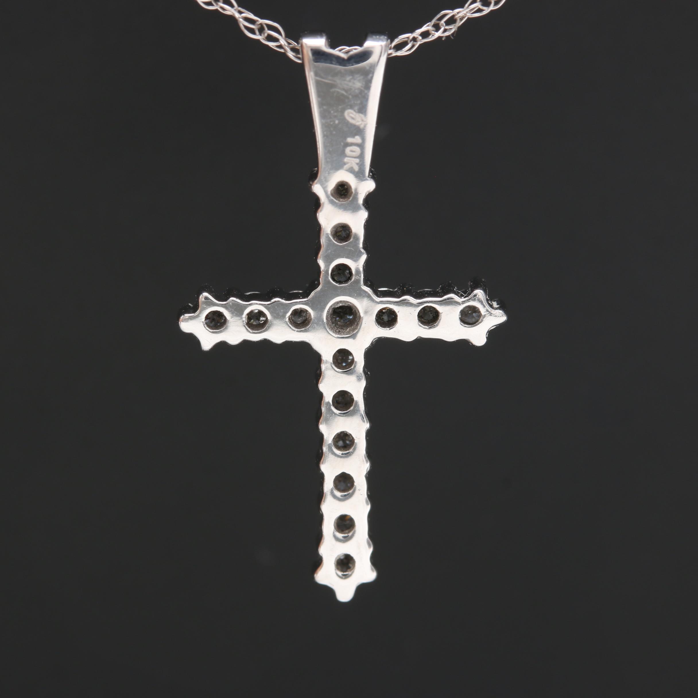 10K White Gold Diamond Cross Pendant Necklace