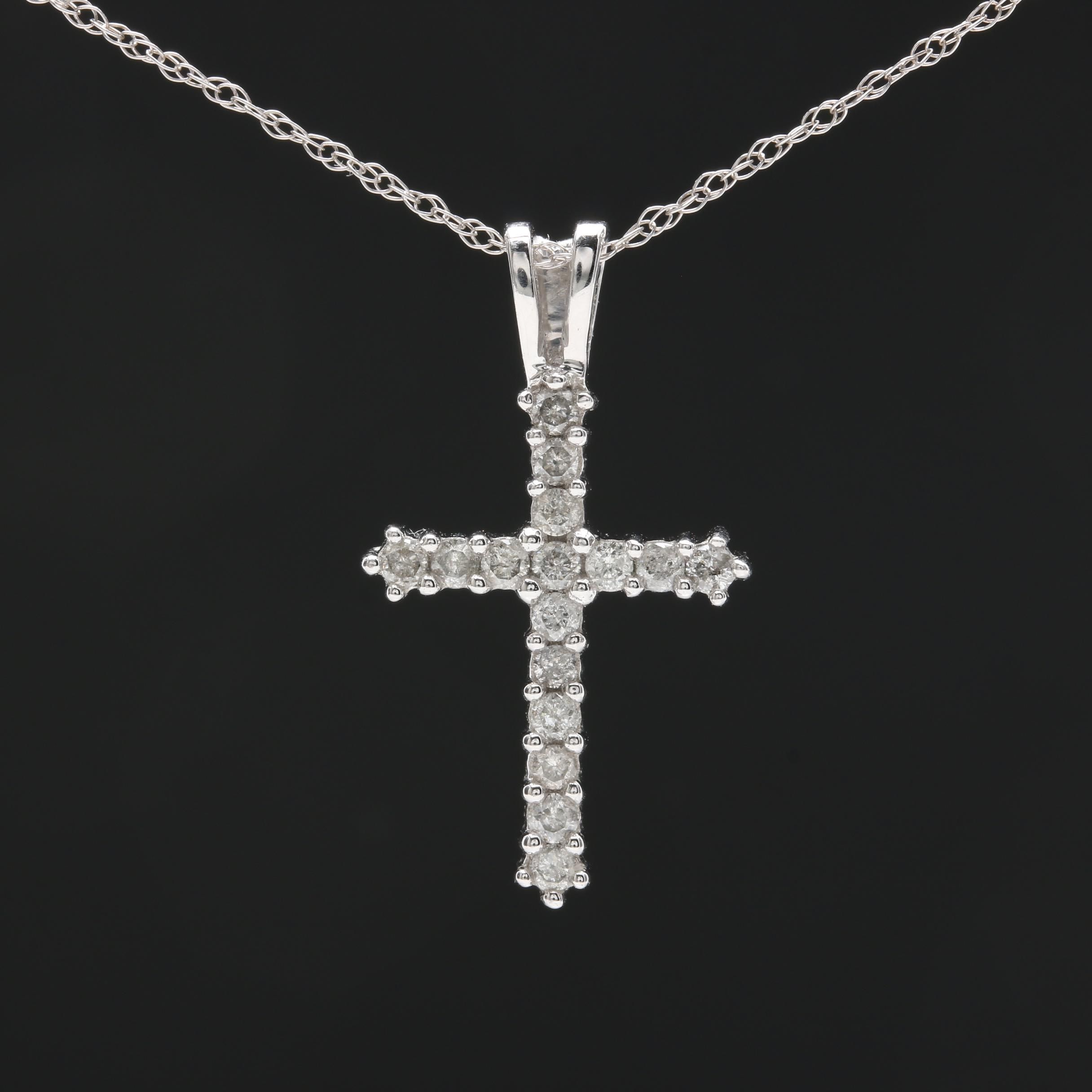 10K White Gold Diamond Cross Pendant Necklace