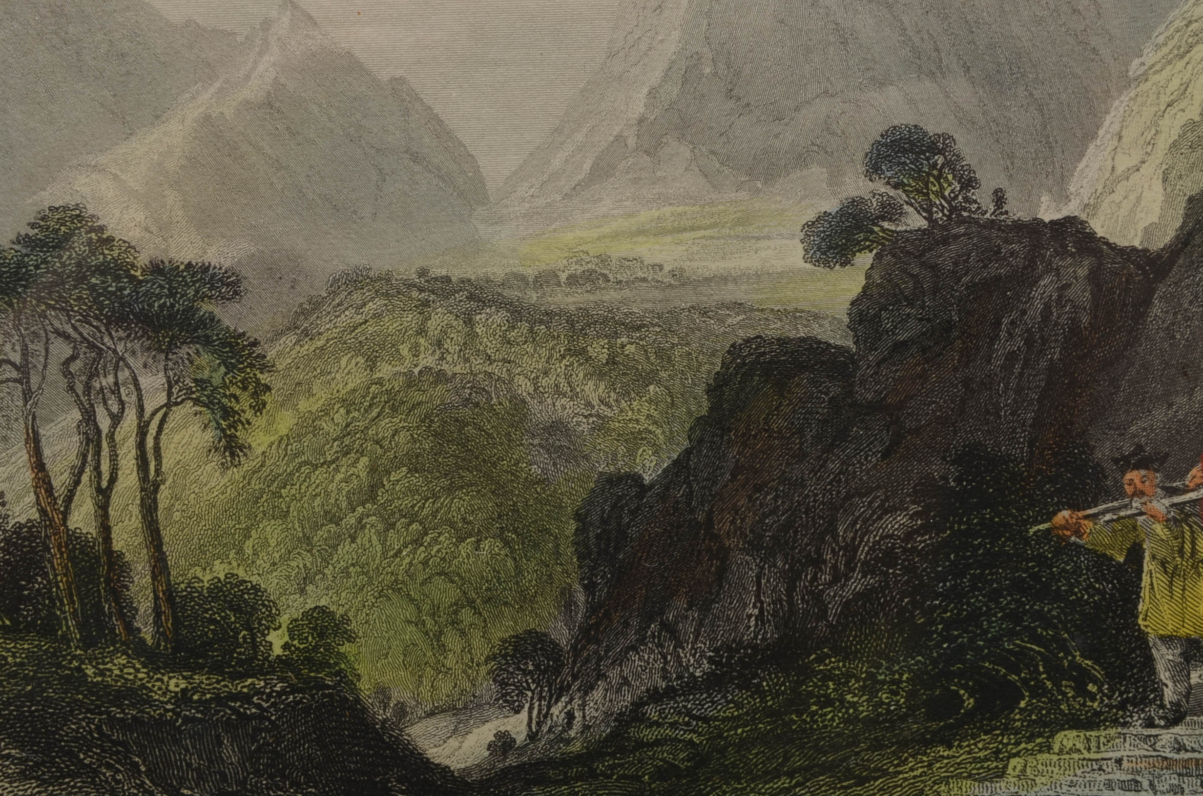 Thomas Allom 1843 Steel Plate Engraving "Foot of the Too-hing, or Two Peaks..."
