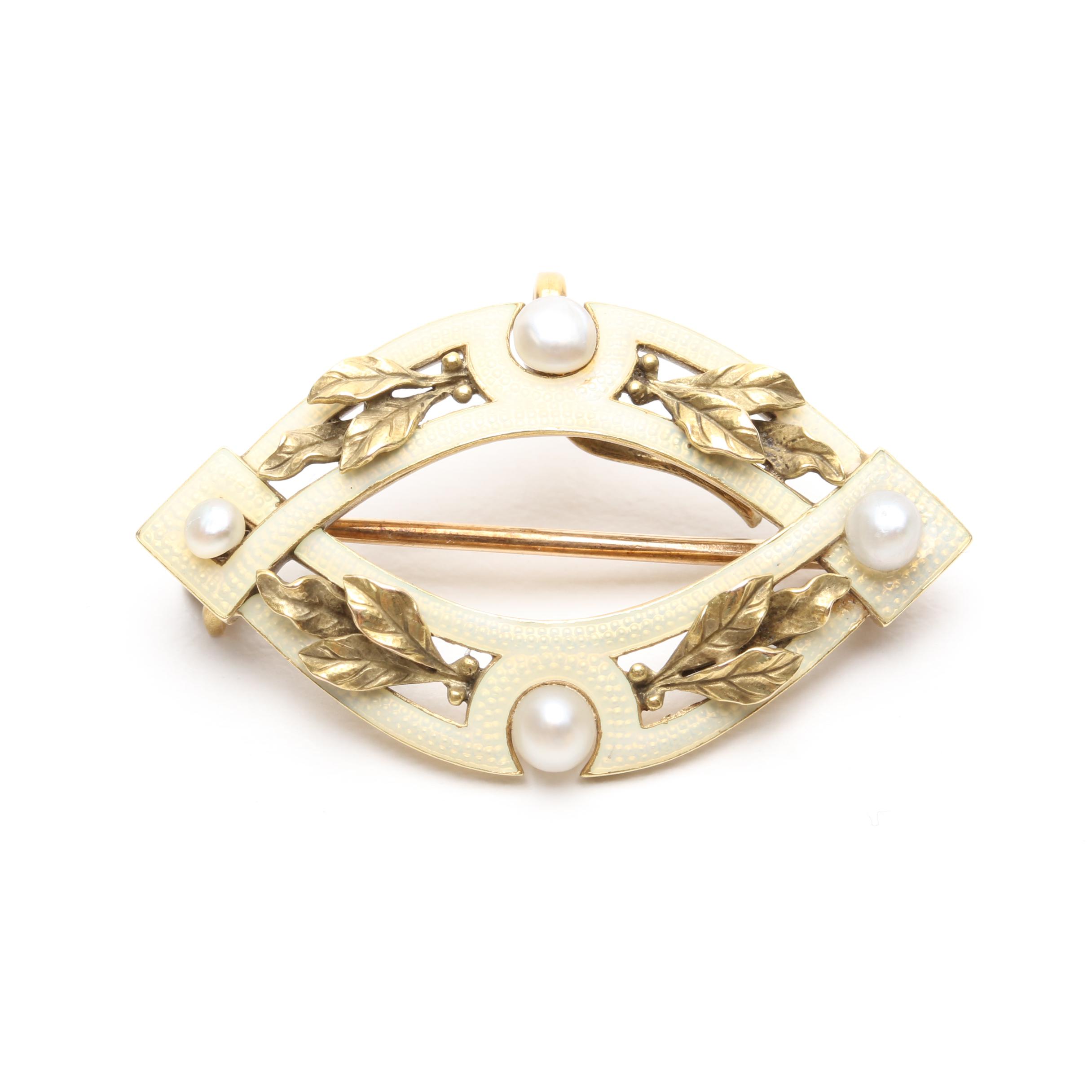 Art Nouveau 14K Yellow Gold Seed Pearl Brooch