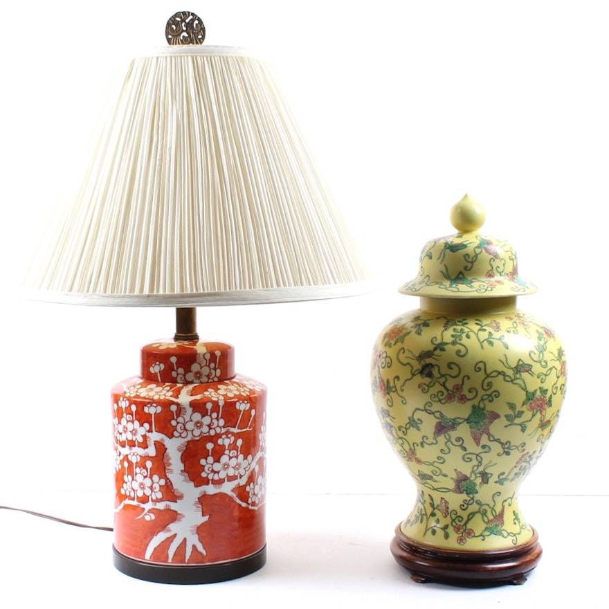 East Asian Ceramic Lamp and Lidded Vase