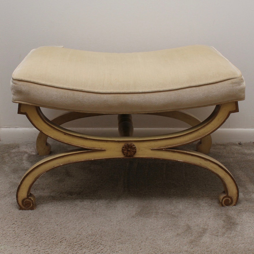 Sherrill Furniture Carved Wood Upholstered Vanity Bench