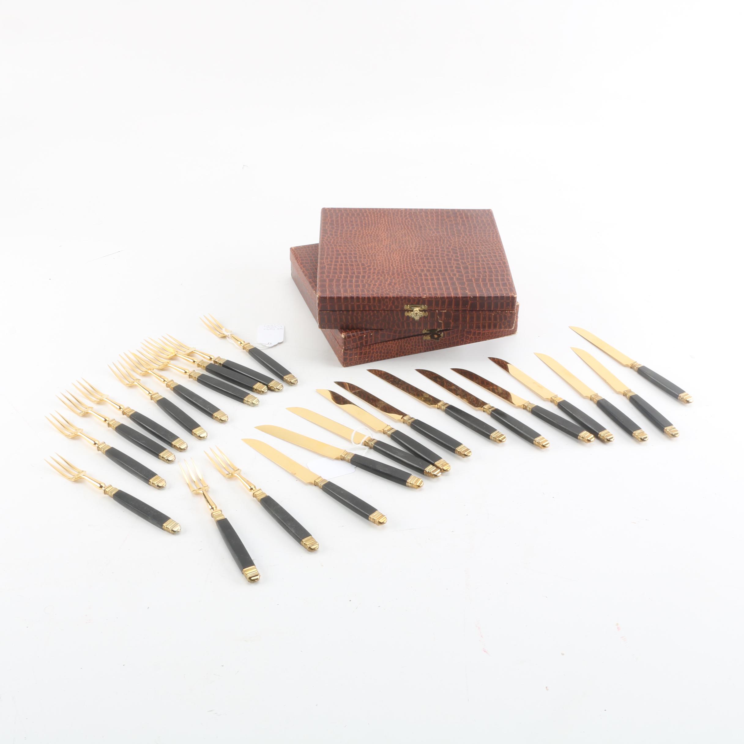 Vintage Nilox Stainless Gold-Tone Fruit Forks and Knives