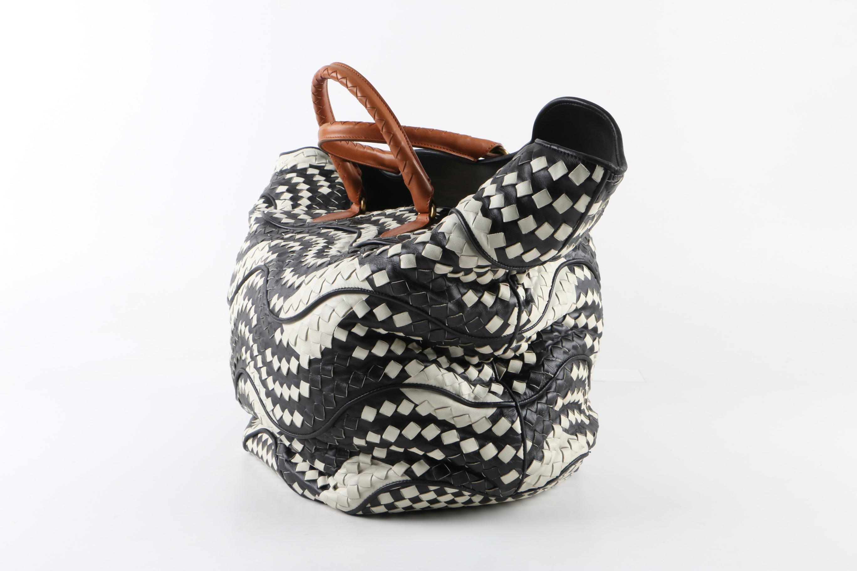 Bottega Veneta Black and White Woven Leather Tote Bag