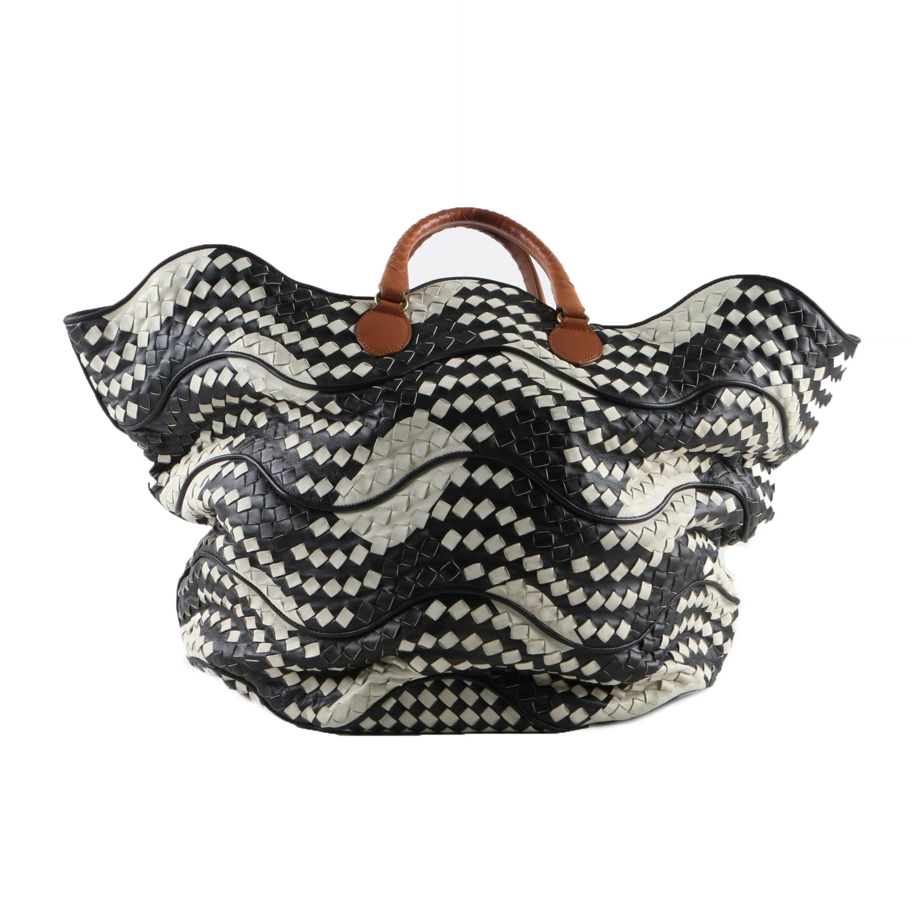Bottega Veneta Black and White Woven Leather Tote Bag
