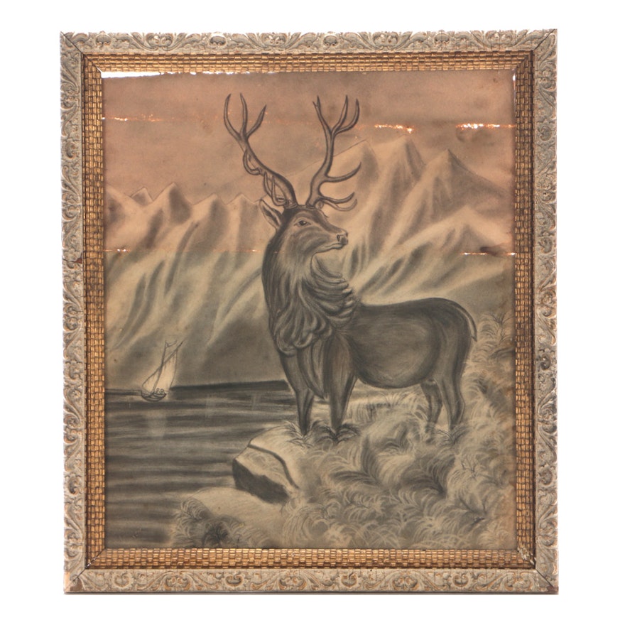 Early 20th-Century Charcoal Wildlife Drawing on Paper
