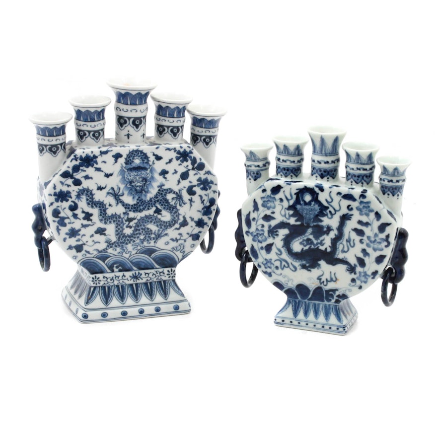 Chinese Blue and White Dragon Motif Tulip Vases