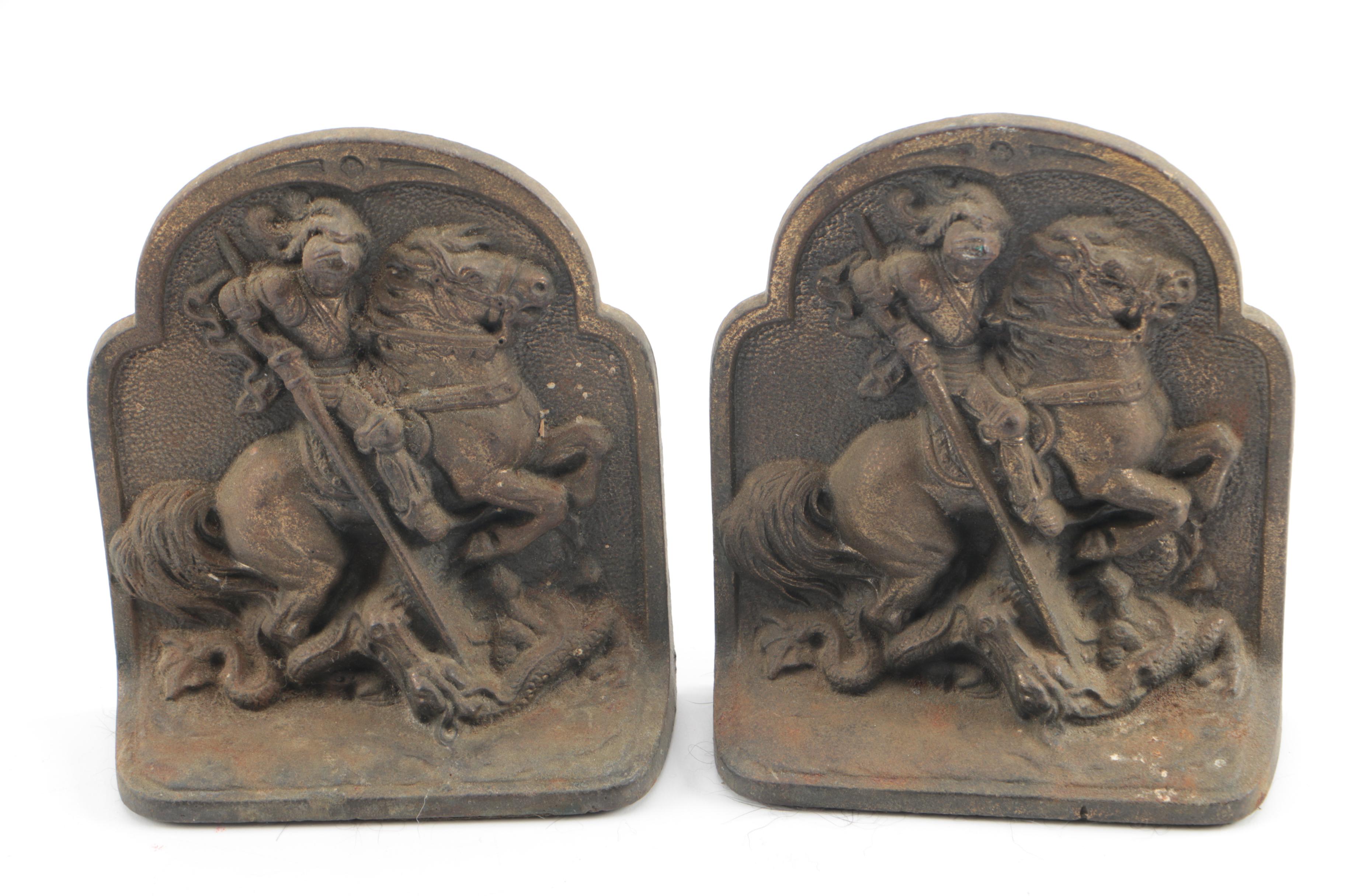 Hubley "St. George" Bookends (Attributed) with "The Angelus" Bookends