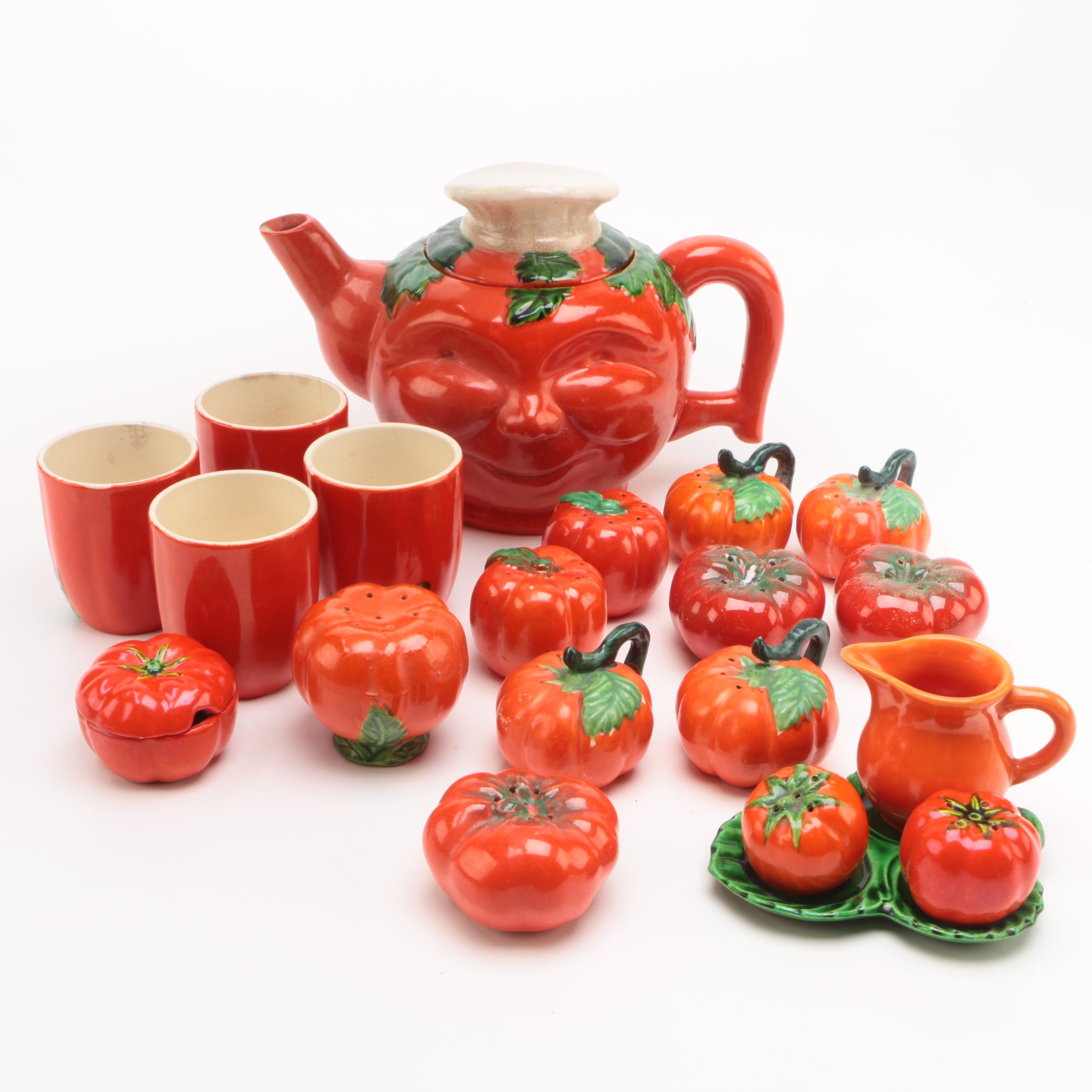 1920's Moriyama Pottery Tomato Themed Tea Set and Shakers