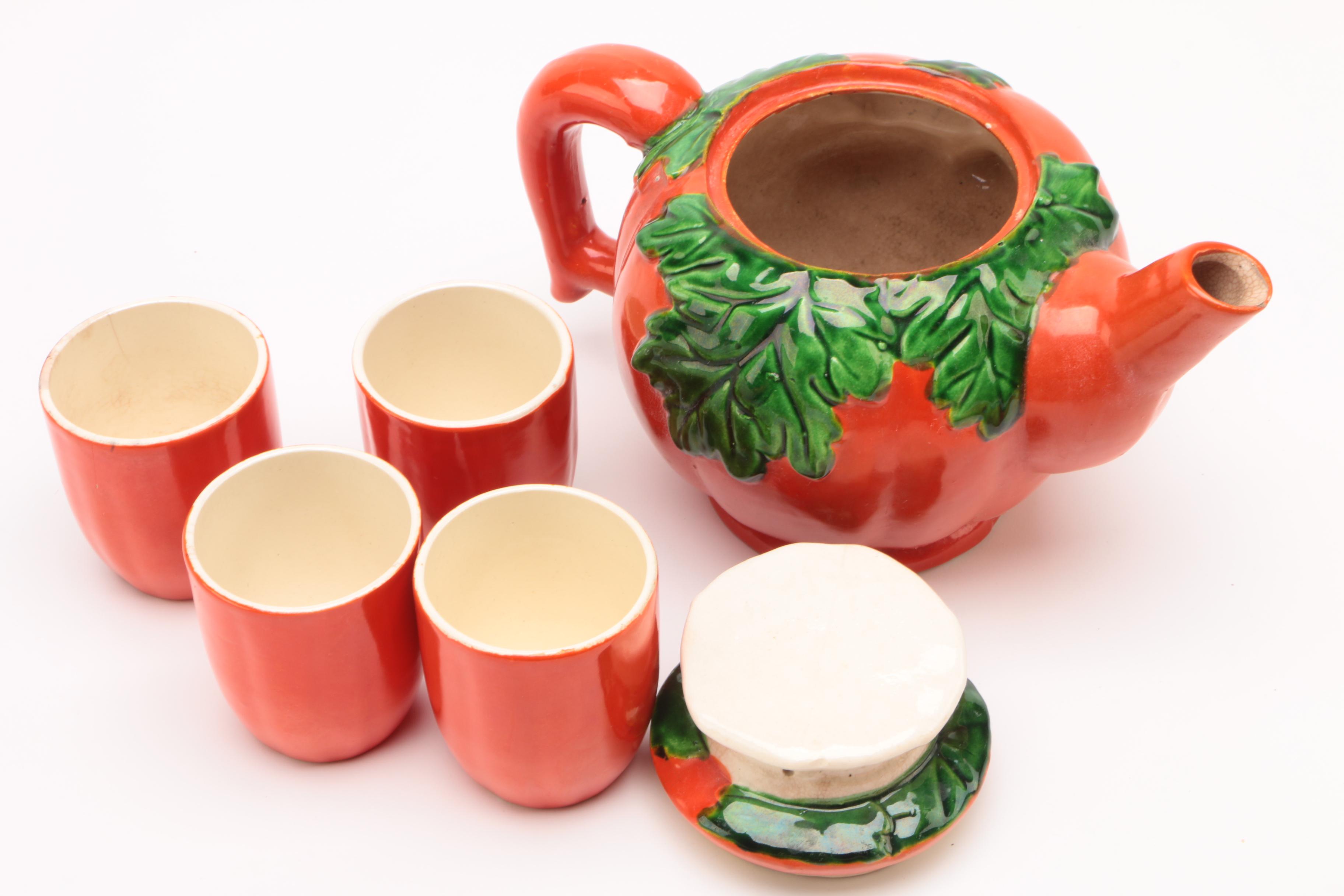 1920's Moriyama Pottery Tomato Themed Tea Set and Shakers