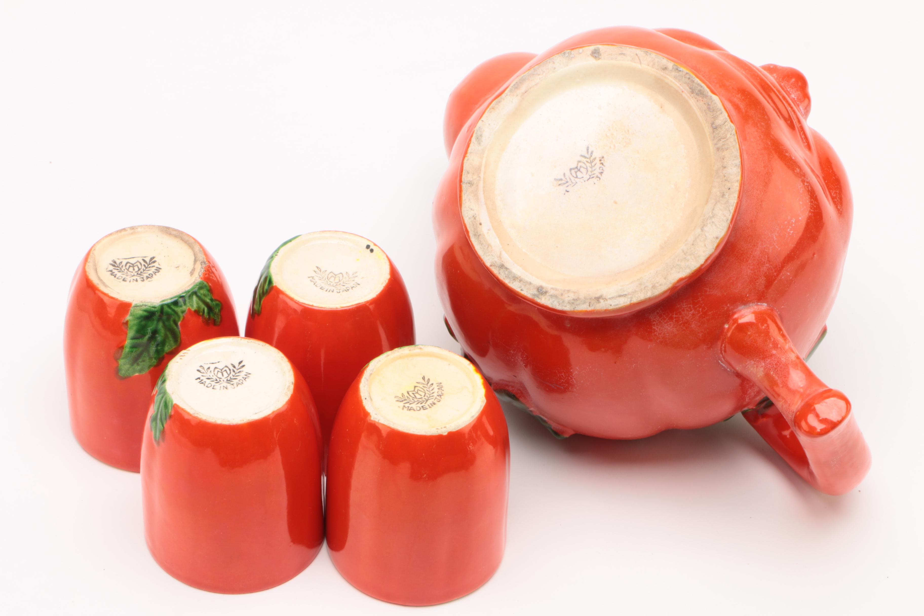 1920's Moriyama Pottery Tomato Themed Tea Set and Shakers