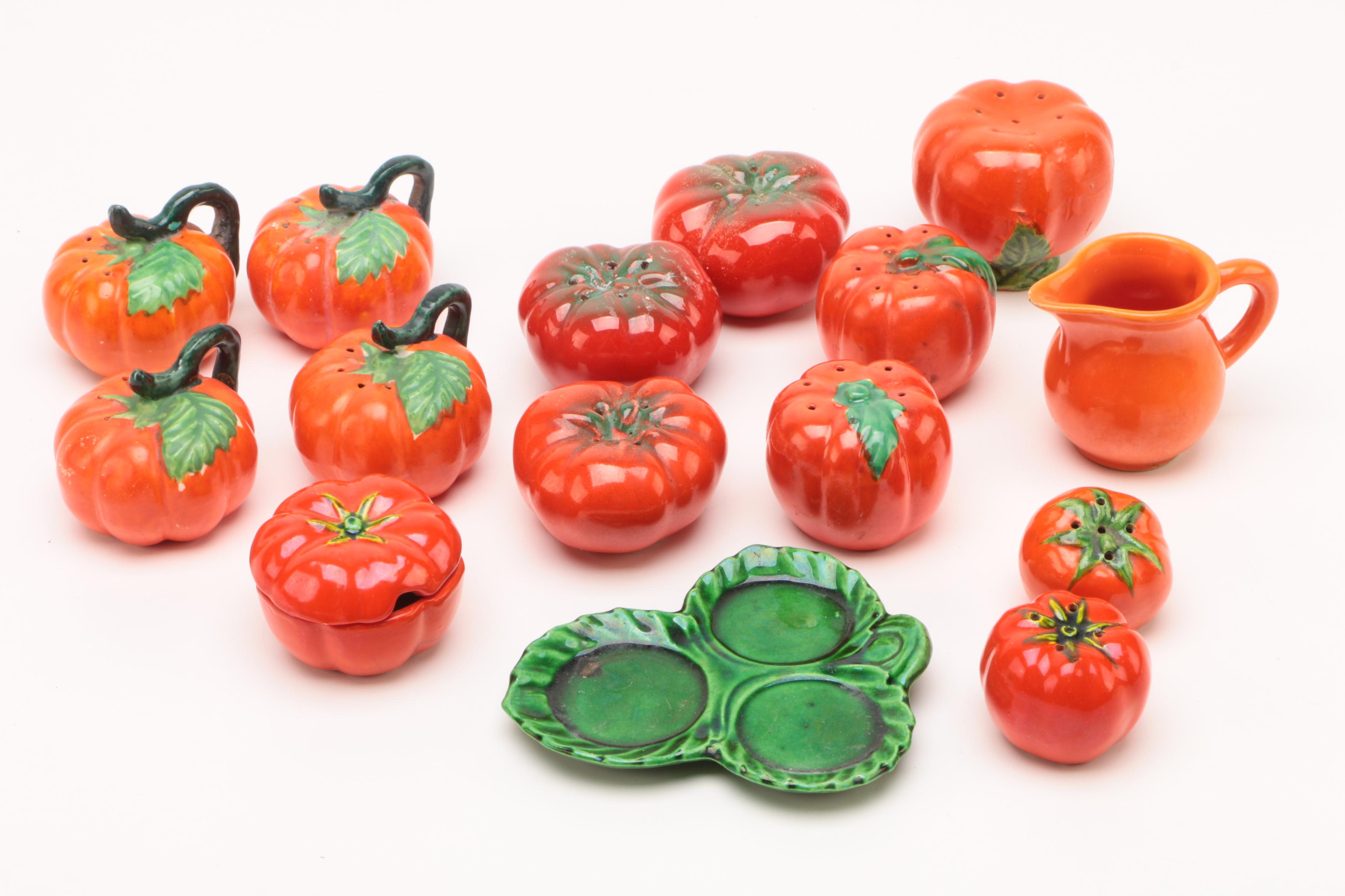 1920's Moriyama Pottery Tomato Themed Tea Set and Shakers