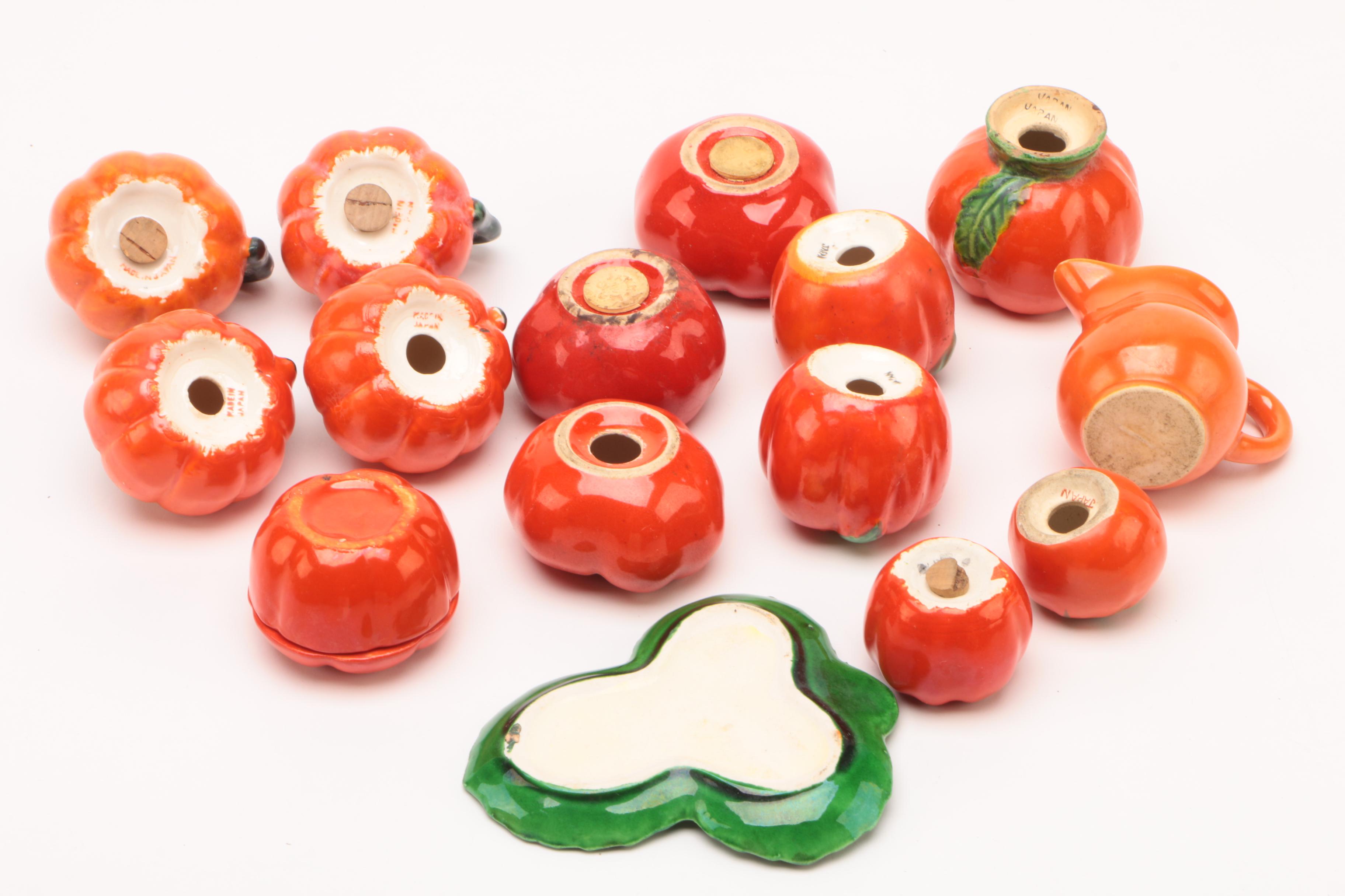 1920's Moriyama Pottery Tomato Themed Tea Set and Shakers