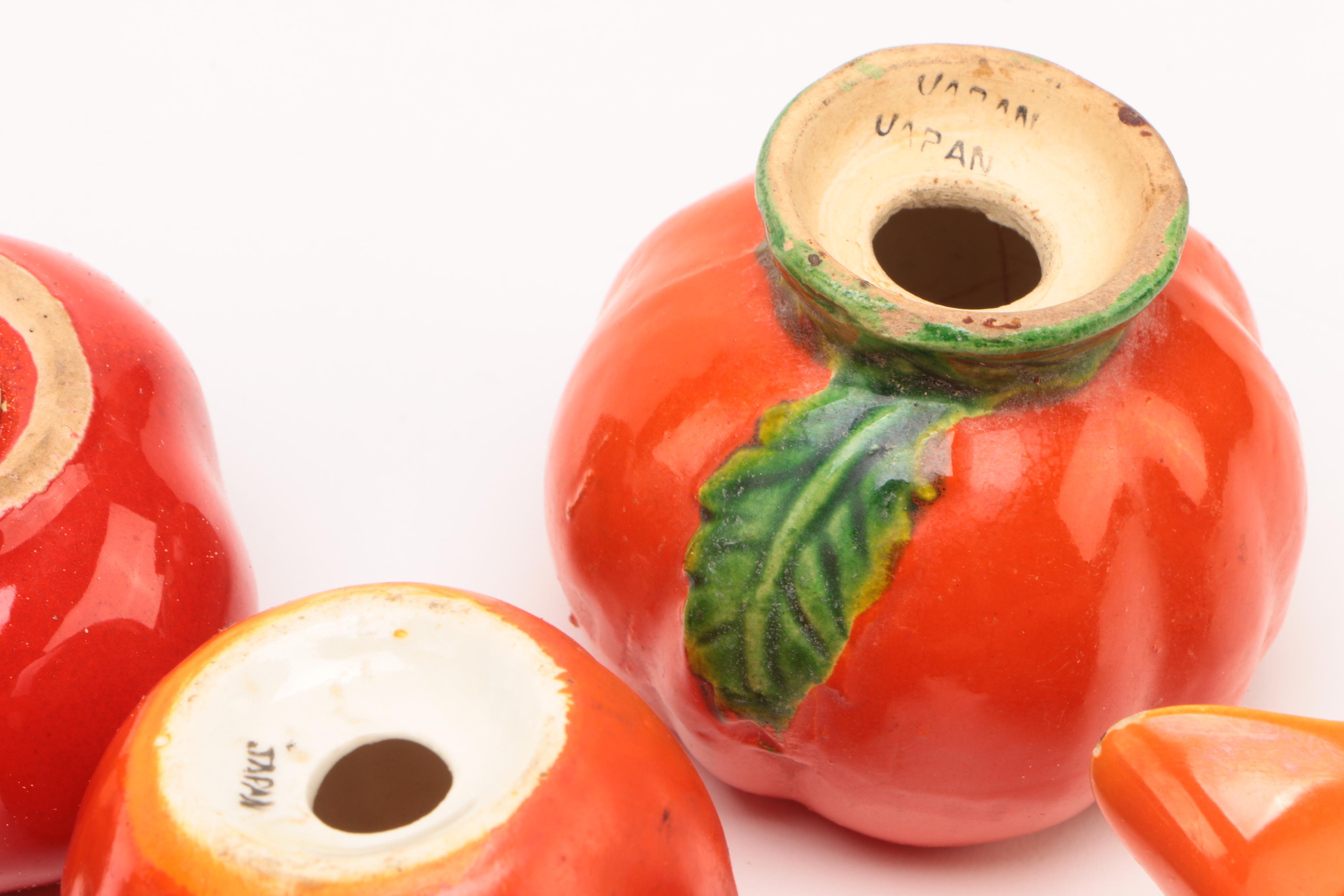 1920's Moriyama Pottery Tomato Themed Tea Set and Shakers