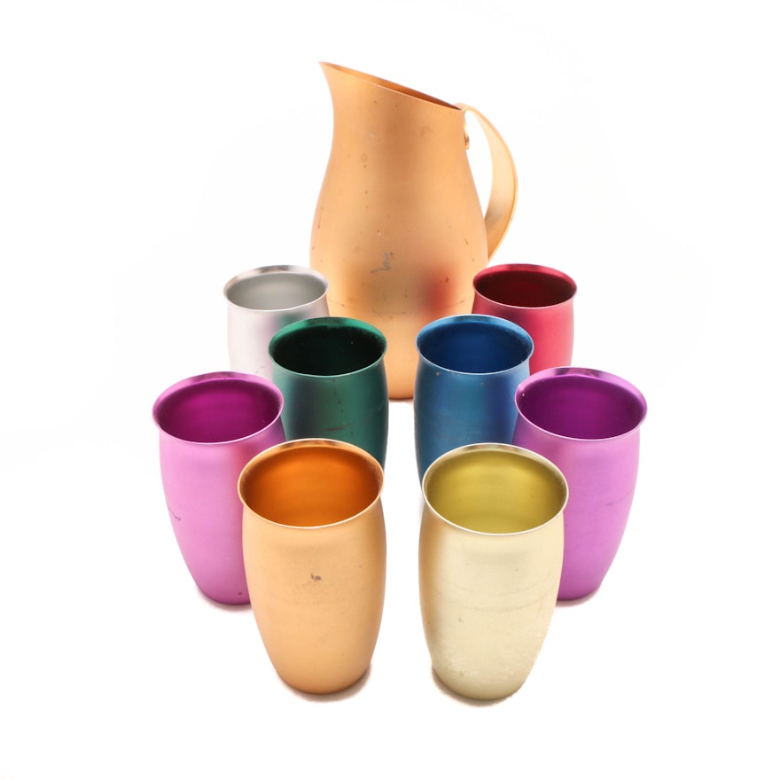 Mirro Colored Aluminum Pitcher and Eight Tumblers