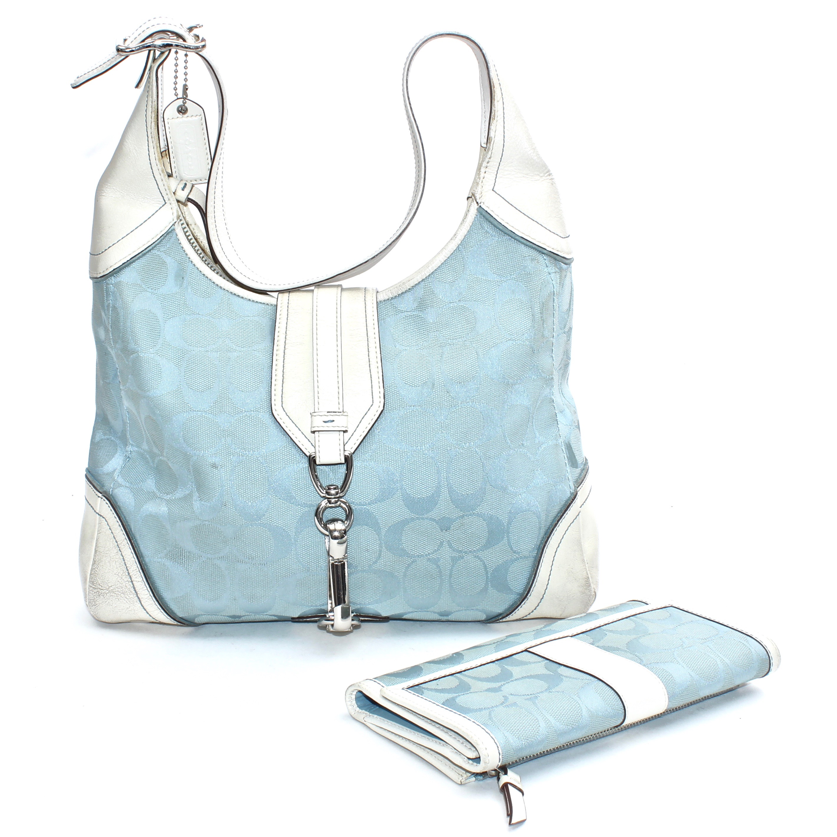 Coach Signature Light Blue Canvas and White Leather Shoulder Bag