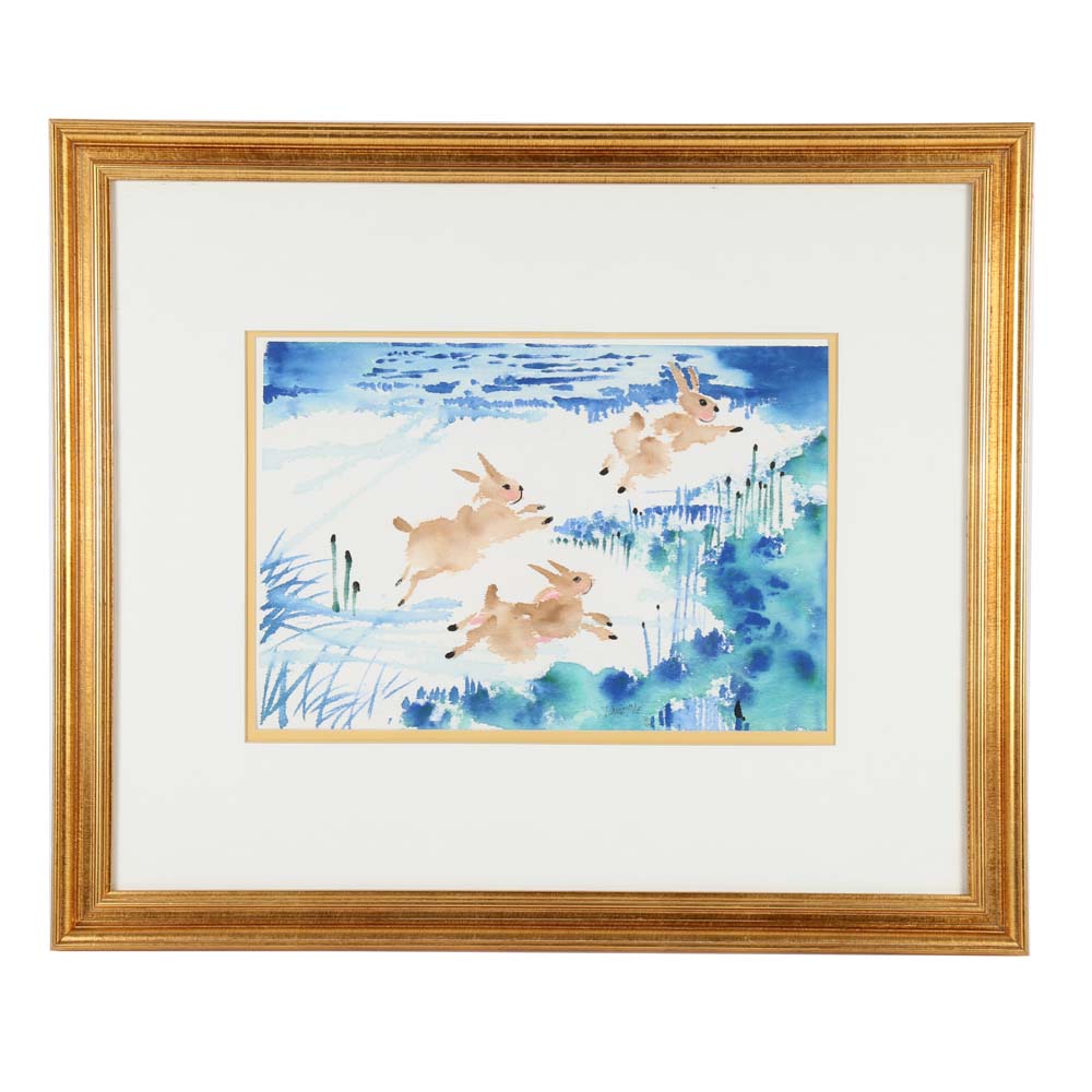 Daniel Nie Original Watercolor Painting "Three Rabbits"