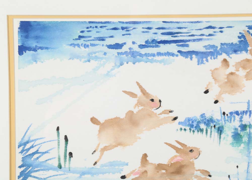 Daniel Nie Original Watercolor Painting "Three Rabbits"