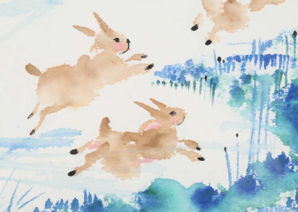 Daniel Nie Original Watercolor Painting "Three Rabbits"