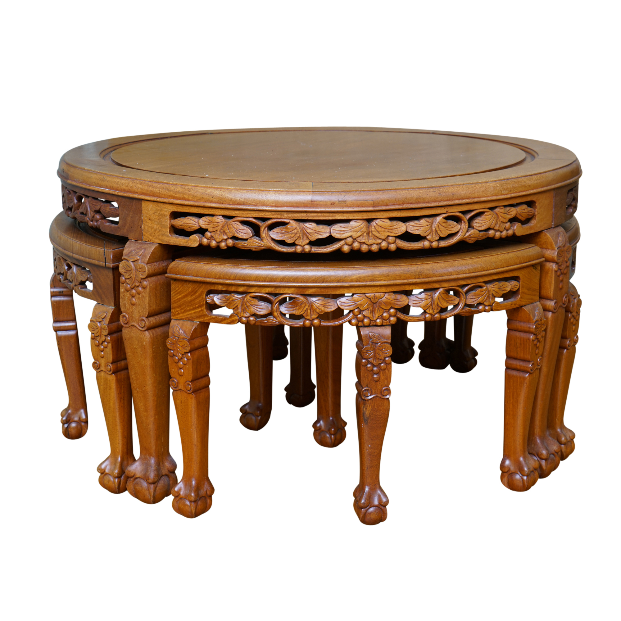 Vintage Chinese Style Carved Wood Coffee Table with Nesting Stools