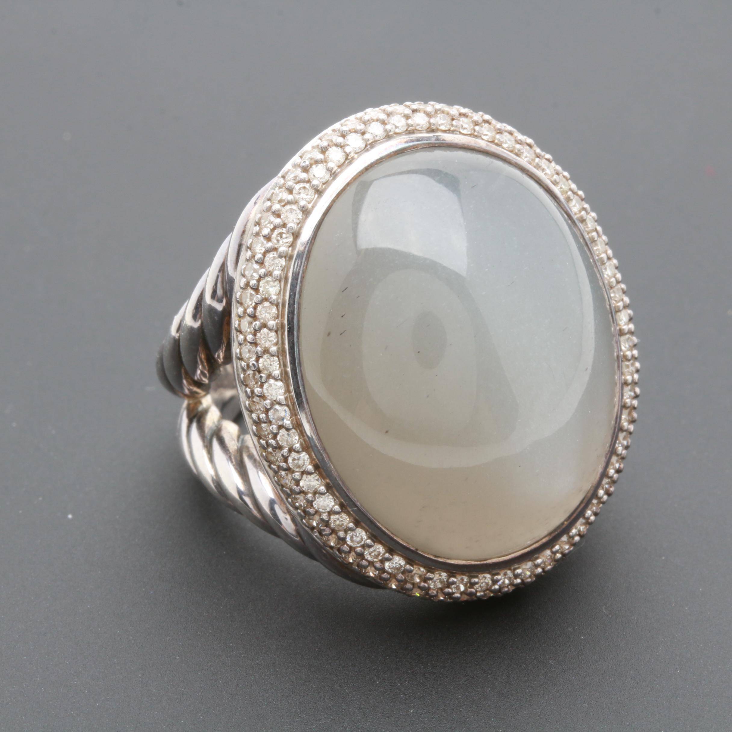 David Yurman Sterling Silver 27.59 CT Moonstone and Diamond Ring