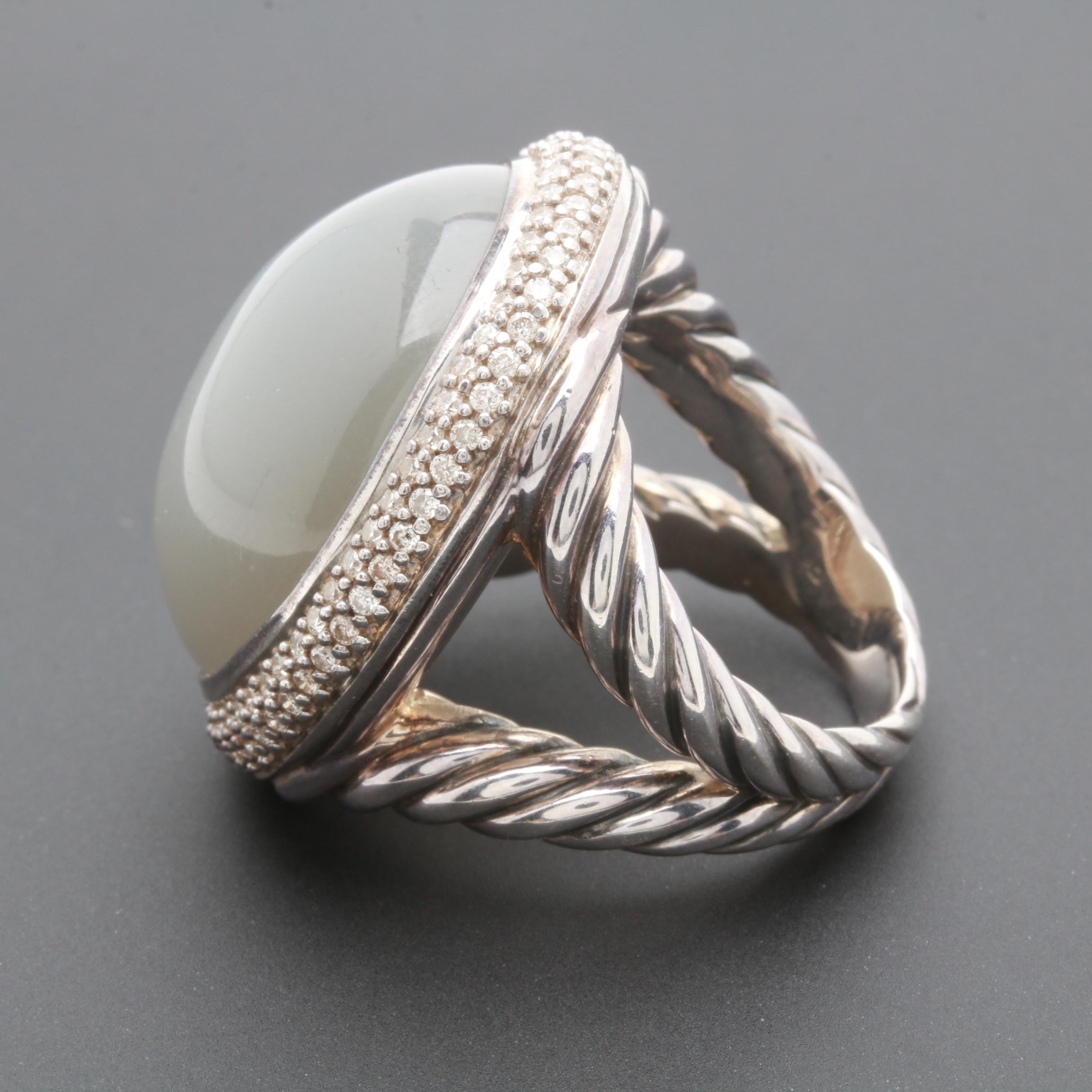 David Yurman Sterling Silver 27.59 CT Moonstone and Diamond Ring