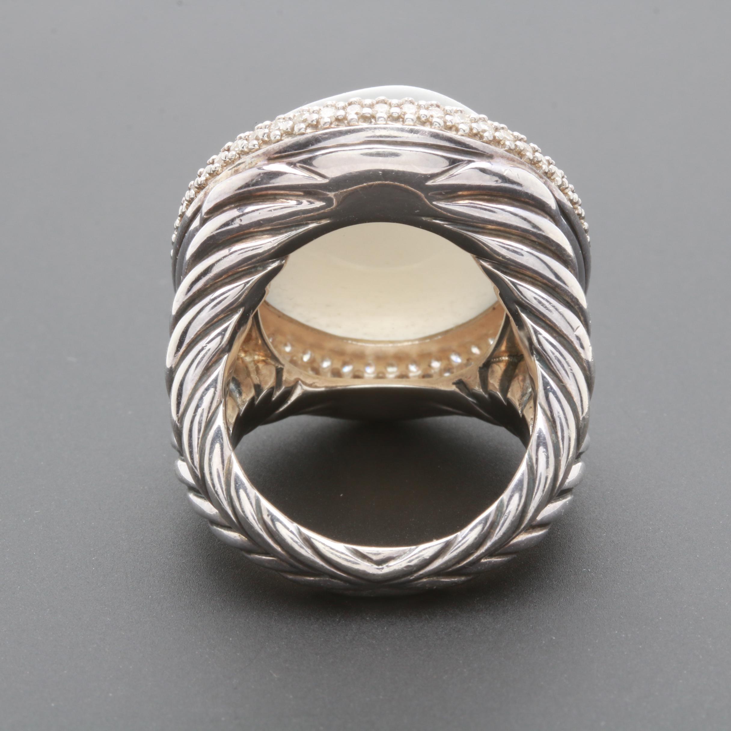 David Yurman Sterling Silver 27.59 CT Moonstone and Diamond Ring
