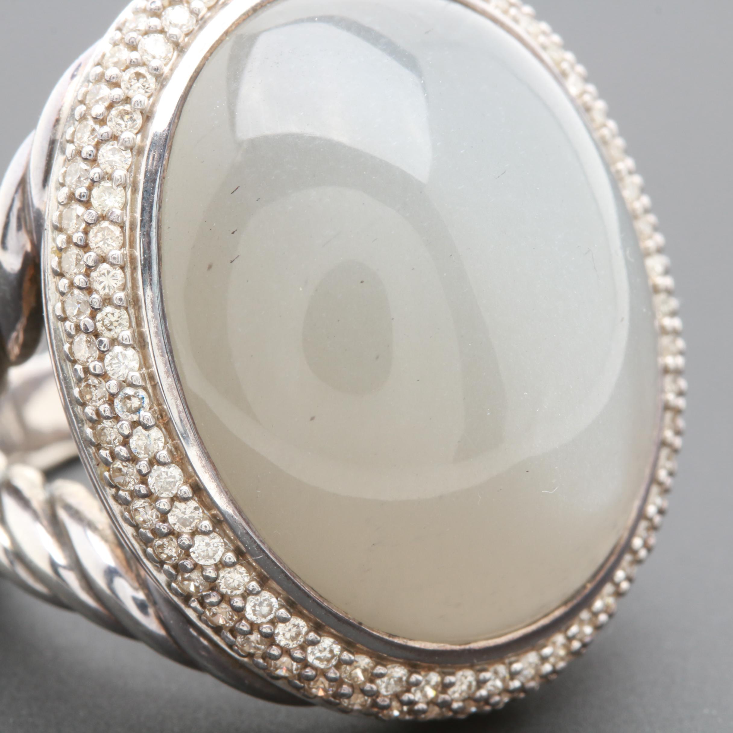 David Yurman Sterling Silver 27.59 CT Moonstone and Diamond Ring
