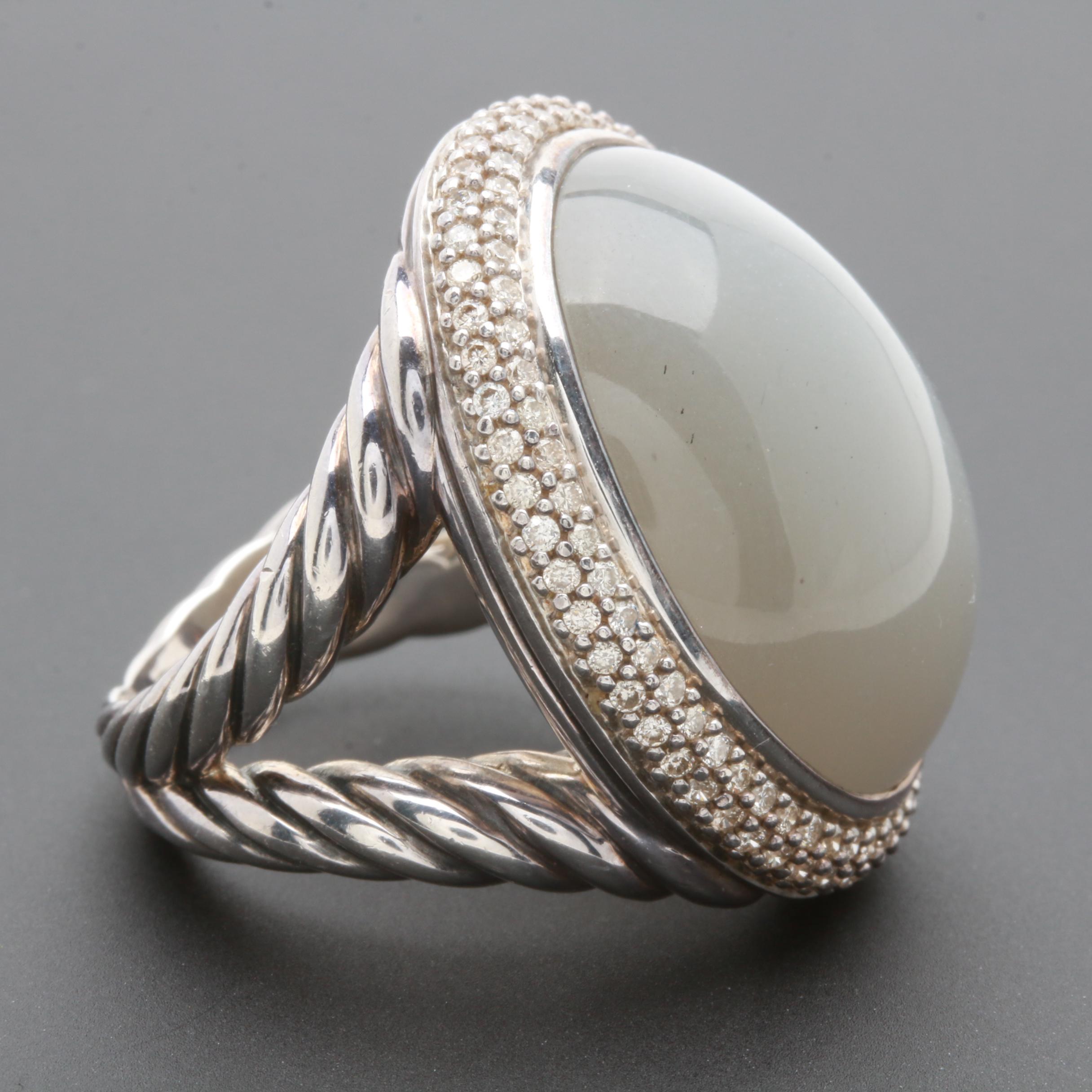 David Yurman Sterling Silver 27.59 CT Moonstone and Diamond Ring