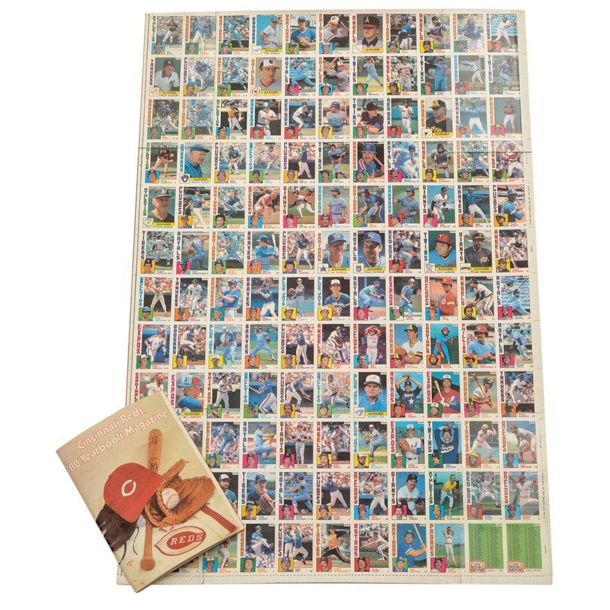 Uncut Sheet of 1984 Topps Baseball Cards with a Reds Program