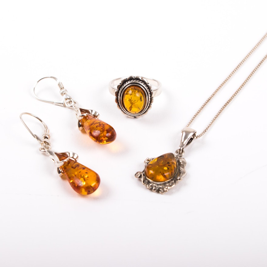 Sterling Silver and Amber Assorted Jewelry